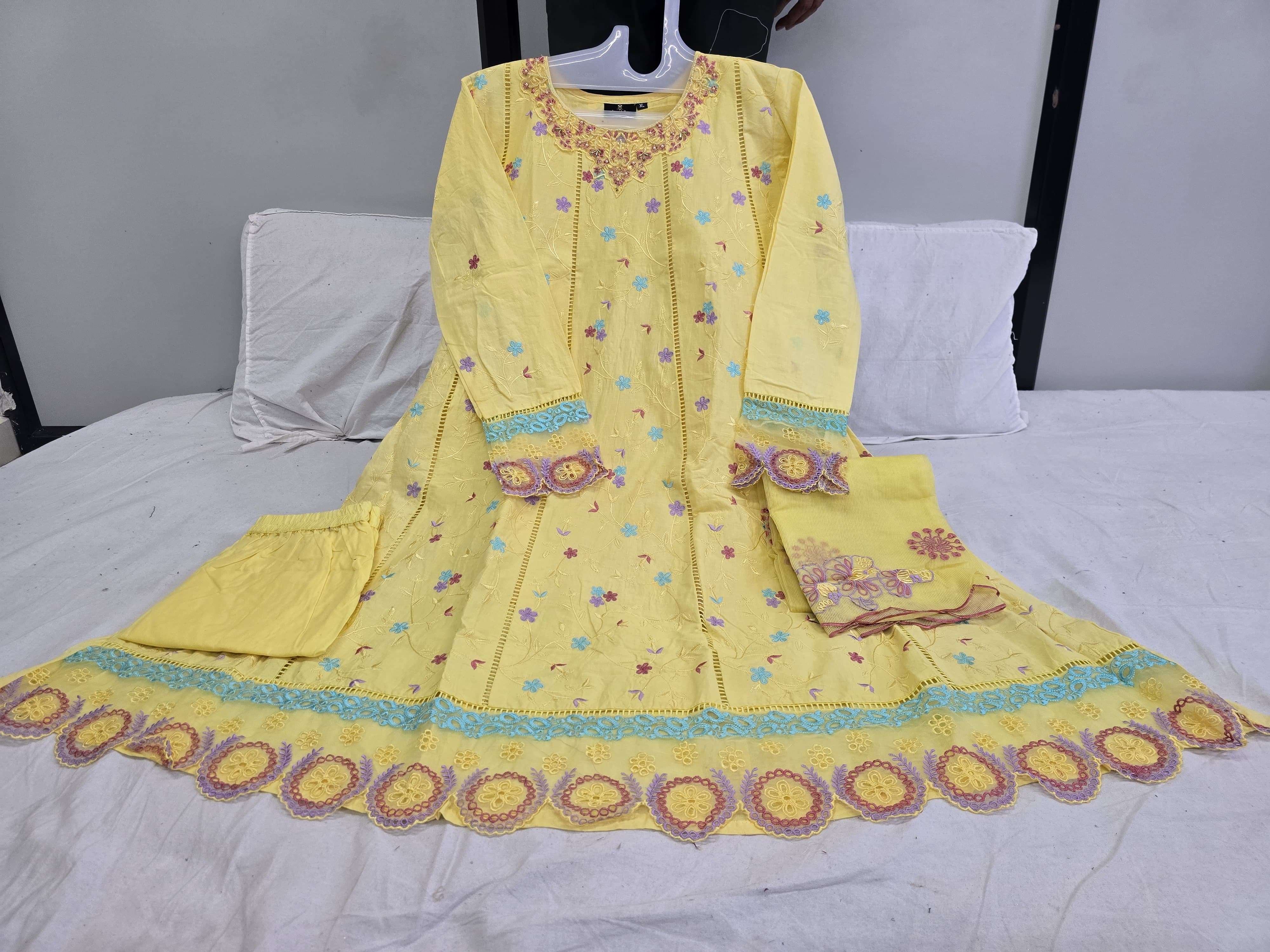 SHRADDHA DESIGNER PURE COTTON KHATLI WORK EMBROIDERED READYMADE ANARKALI DRESS