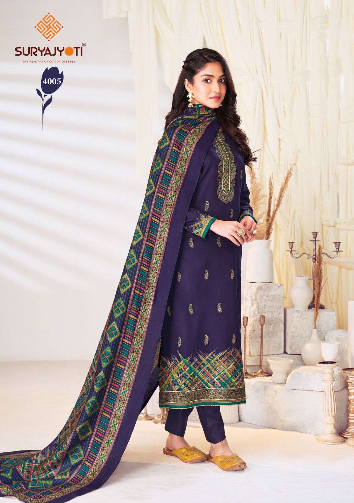  SURYAJYOTI PALLAVI VOL 4 JAM SATIN PRINT WITH FANCY SWAROVSKI WORK SUIT