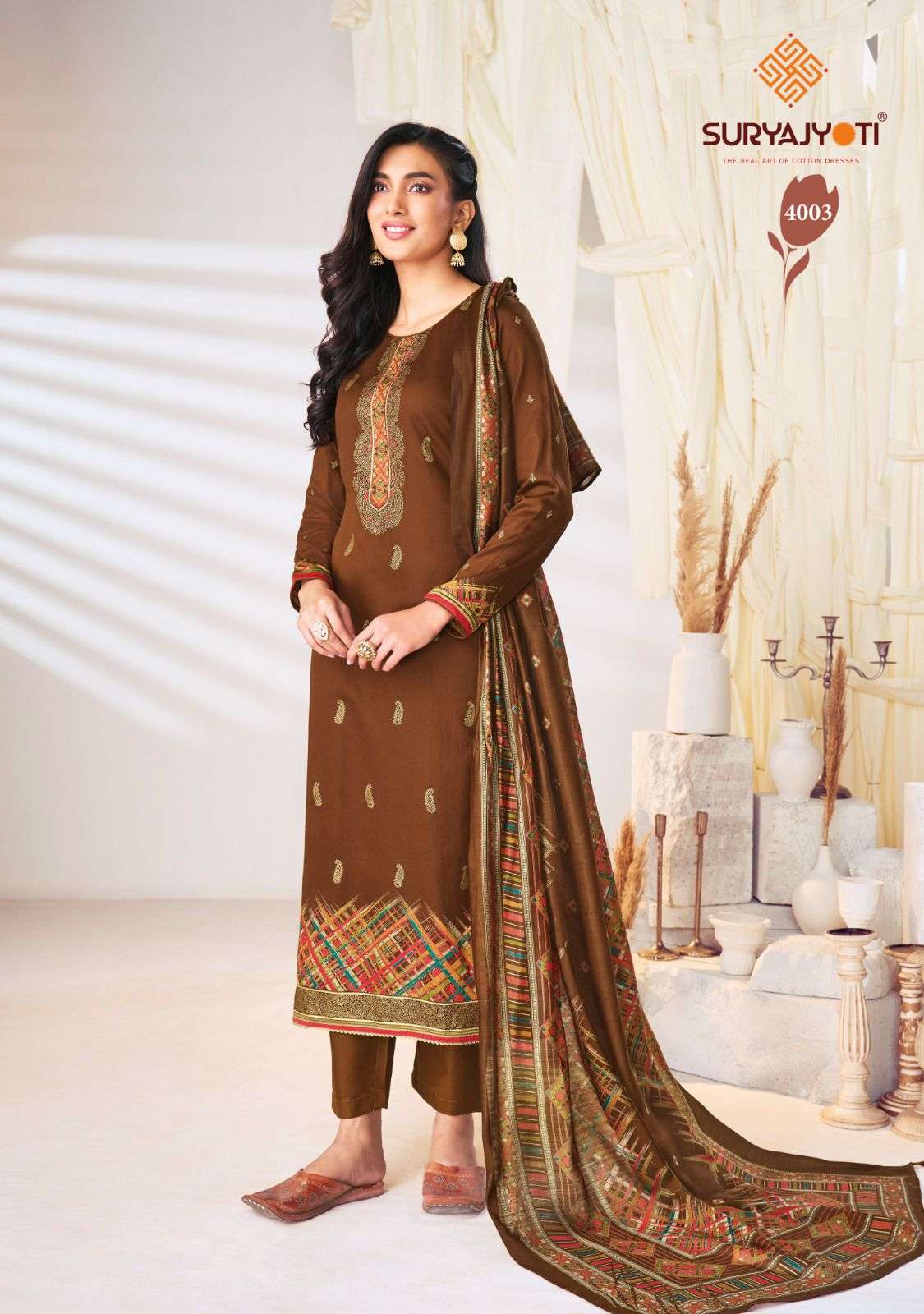  SURYAJYOTI PALLAVI VOL 4 JAM SATIN PRINT WITH FANCY SWAROVSKI WORK SUIT