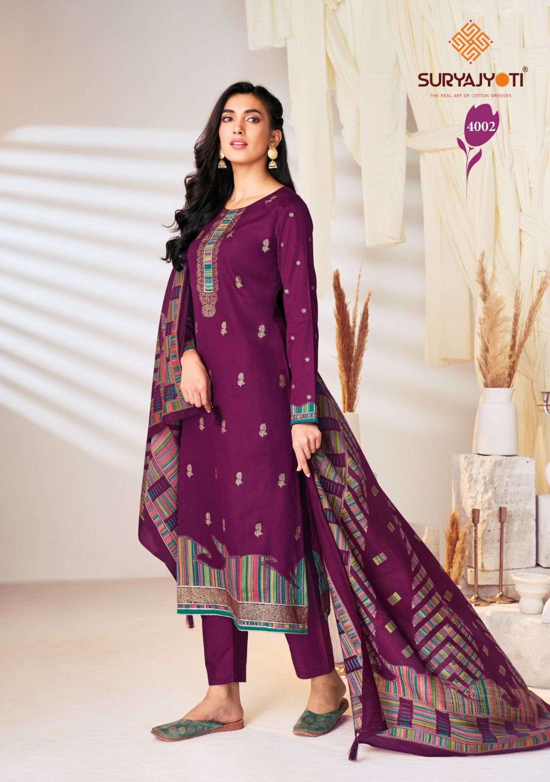  SURYAJYOTI PALLAVI VOL 4 JAM SATIN PRINT WITH FANCY SWAROVSKI WORK SUIT