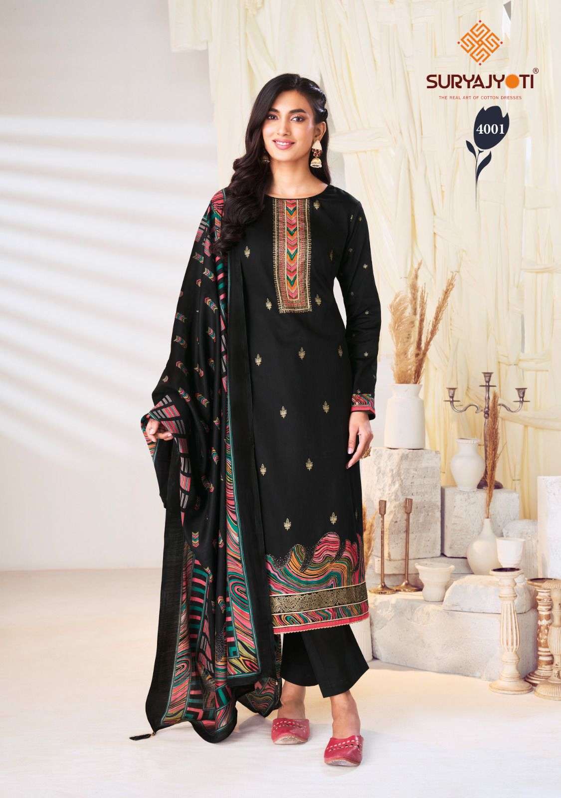  SURYAJYOTI PALLAVI VOL 4 JAM SATIN PRINT WITH FANCY SWAROVSKI WORK SUIT