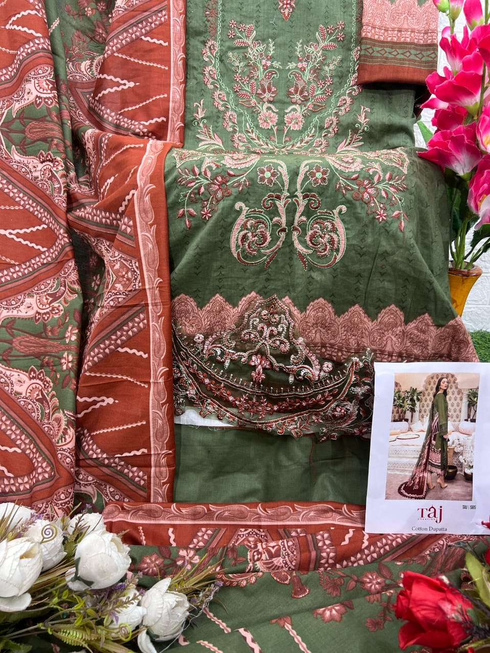 TAJ CREATIONS DESIGN NO - 584-585 PURE COTTON PRINT HEAVY SELF EMBROIDERED PATCH PAKISTANI SALWAR SUIT