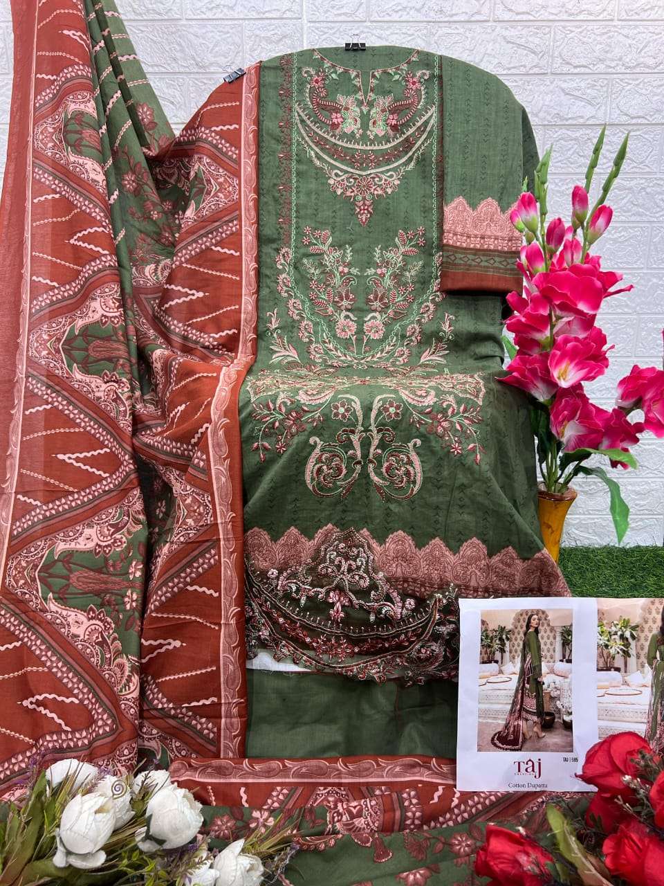 TAJ CREATIONS DESIGN NO - 584-585 PURE COTTON PRINT HEAVY SELF EMBROIDERED PATCH PAKISTANI SALWAR SUIT