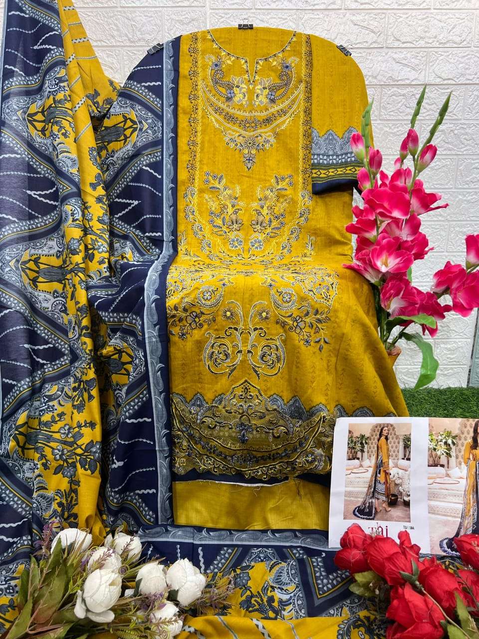 TAJ CREATIONS DESIGN NO - 584-585 PURE COTTON PRINT HEAVY SELF EMBROIDERED PATCH PAKISTANI SALWAR SUIT