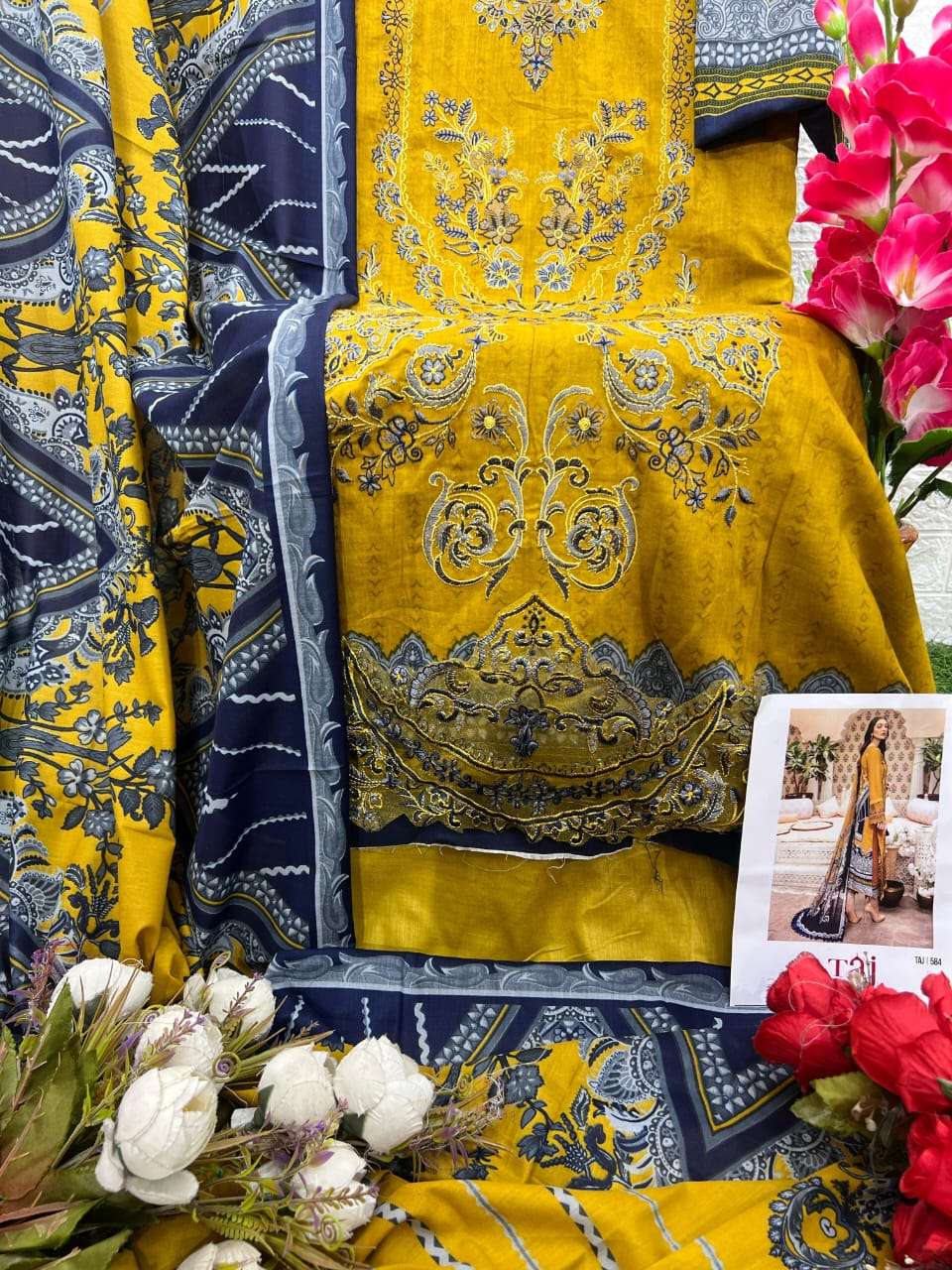 TAJ CREATIONS DESIGN NO - 584-585 PURE COTTON PRINT HEAVY SELF EMBROIDERED PATCH PAKISTANI SALWAR SUIT