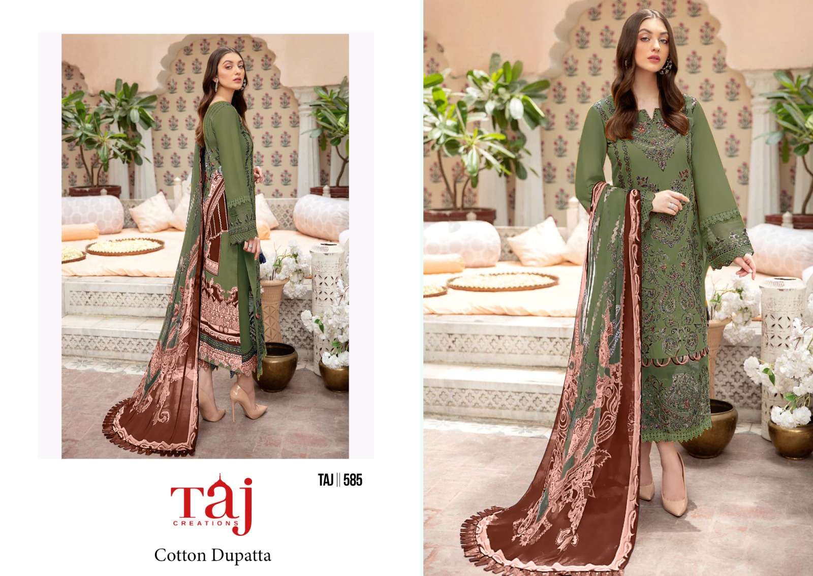 TAJ CREATIONS DESIGN NO - 584-585 PURE COTTON PRINT HEAVY SELF EMBROIDERED PATCH PAKISTANI SALWAR SUIT