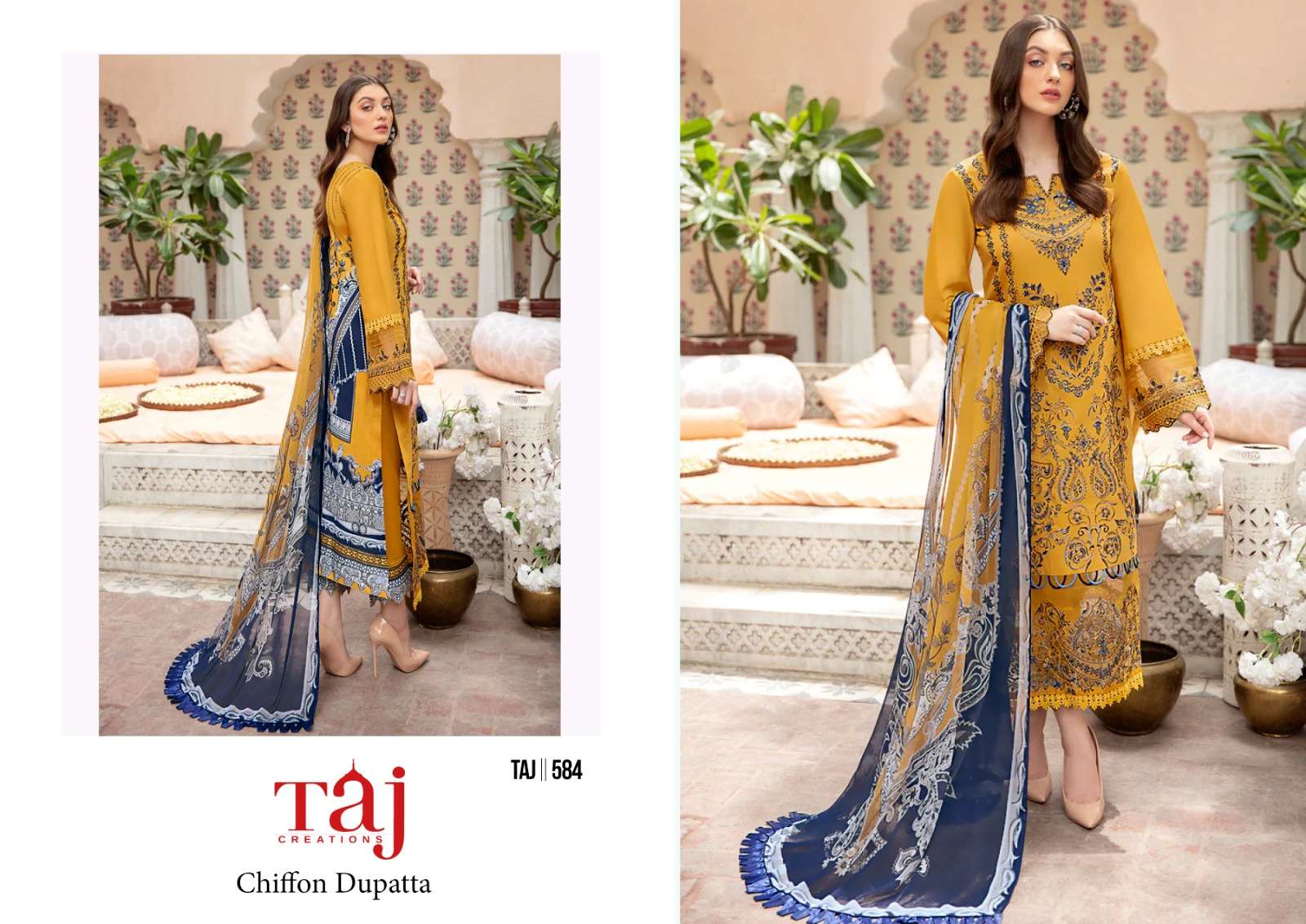 TAJ CREATIONS DESIGN NO - 584-585 PURE COTTON PRINT HEAVY SELF EMBROIDERED PATCH PAKISTANI SALWAR SUIT