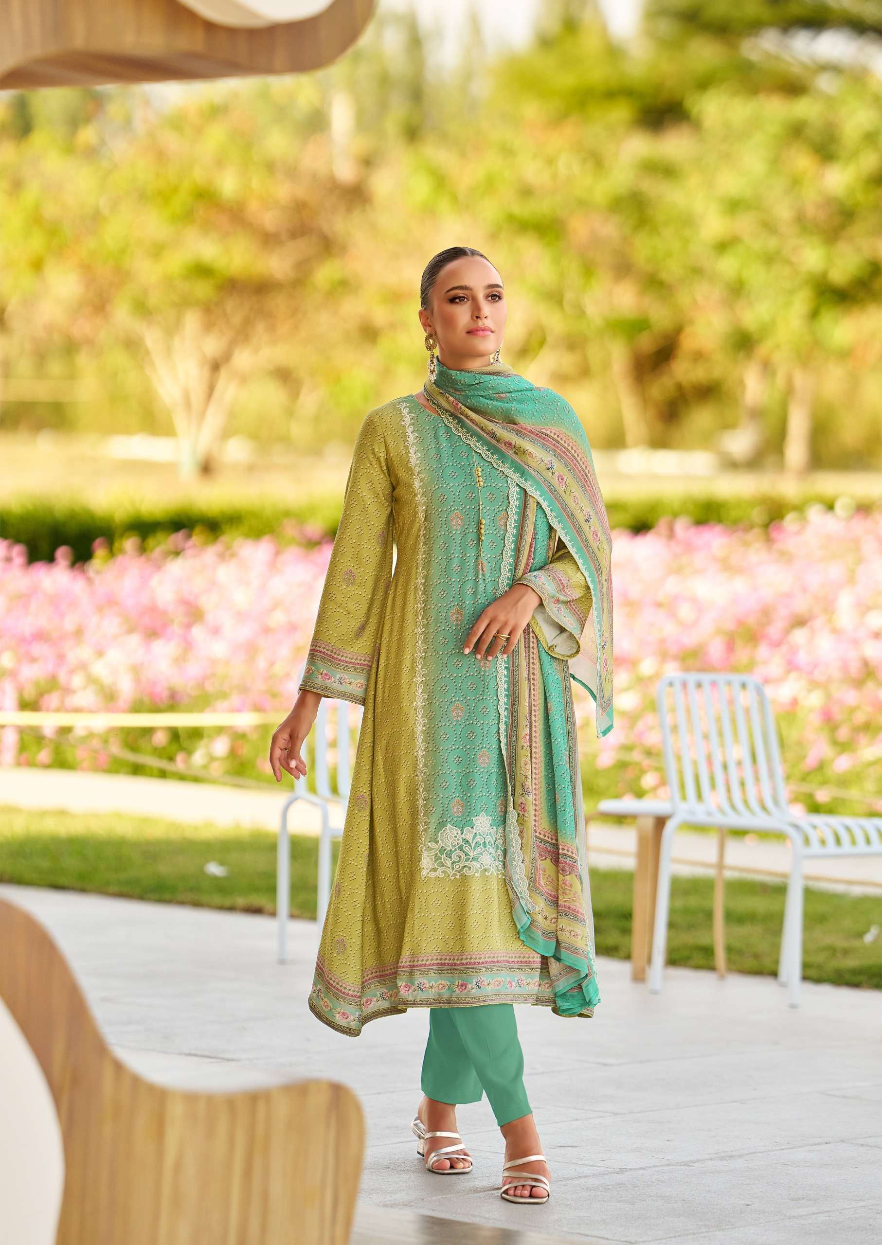 THE HERMITAGE SHOP BANDHEJ JAM SATIN DIGITAL PRINT WITH FANCY WORK SUIT