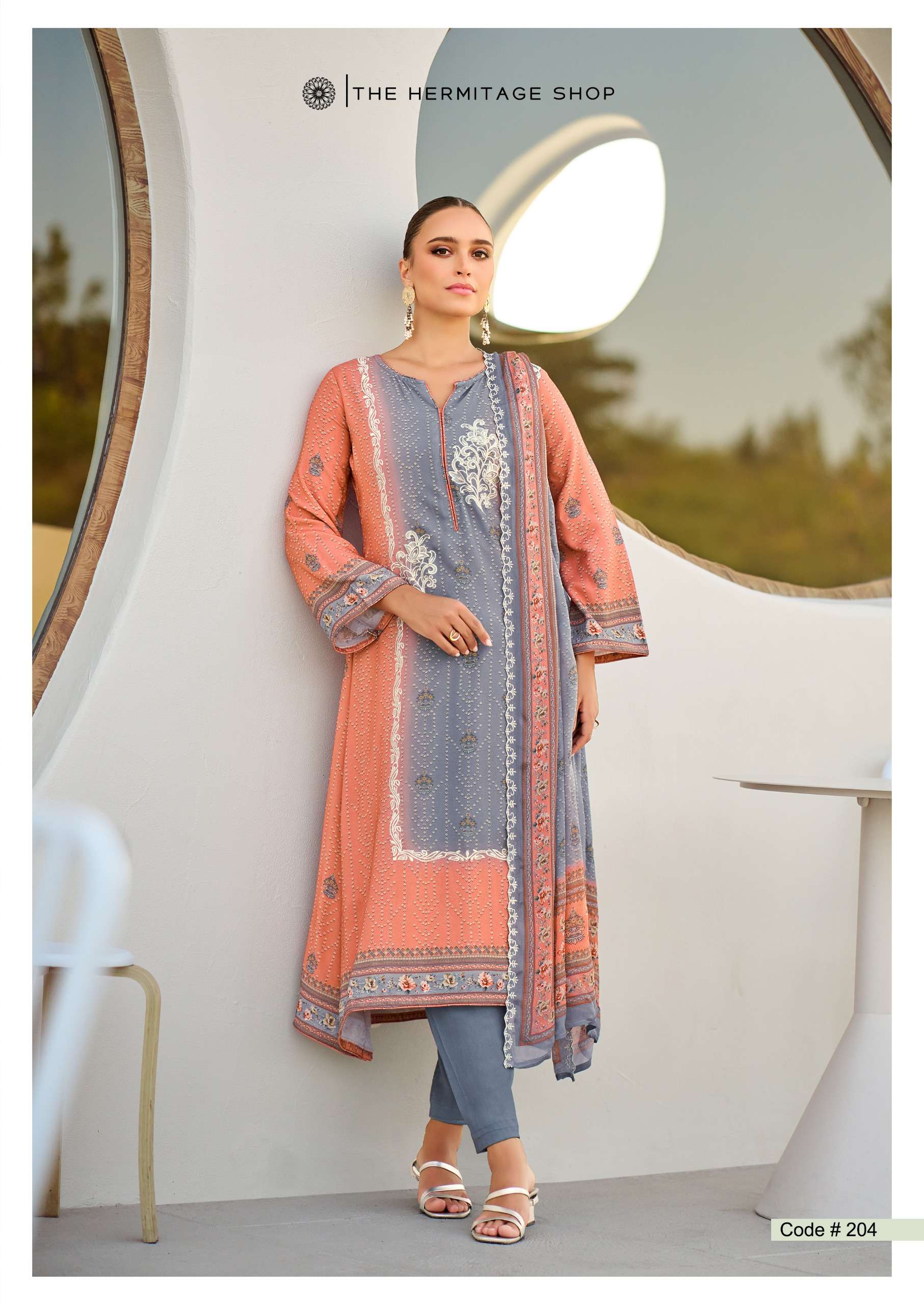 THE HERMITAGE SHOP BANDHEJ JAM SATIN DIGITAL PRINT WITH FANCY WORK SUIT