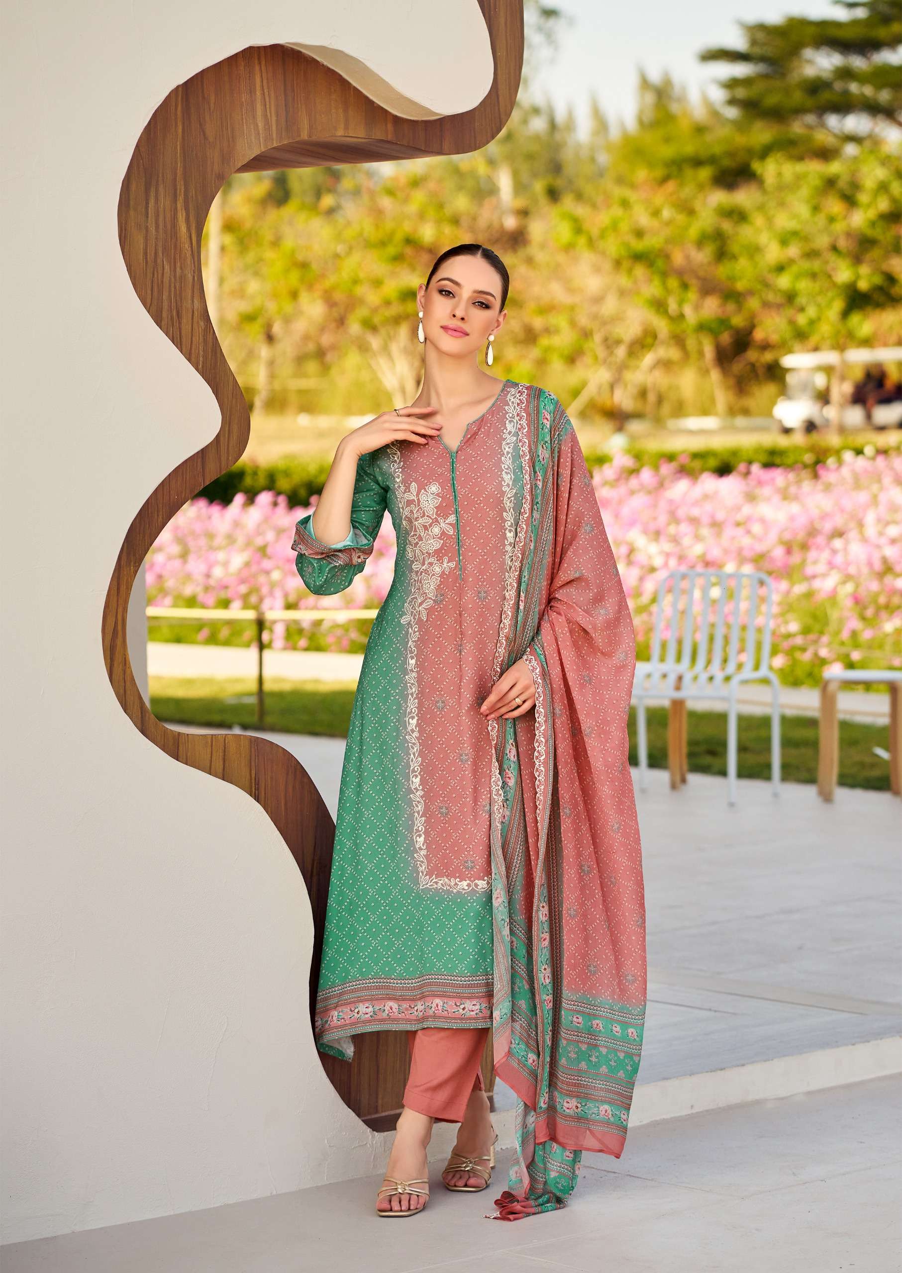 THE HERMITAGE SHOP BANDHEJ JAM SATIN DIGITAL PRINT WITH FANCY WORK SUIT