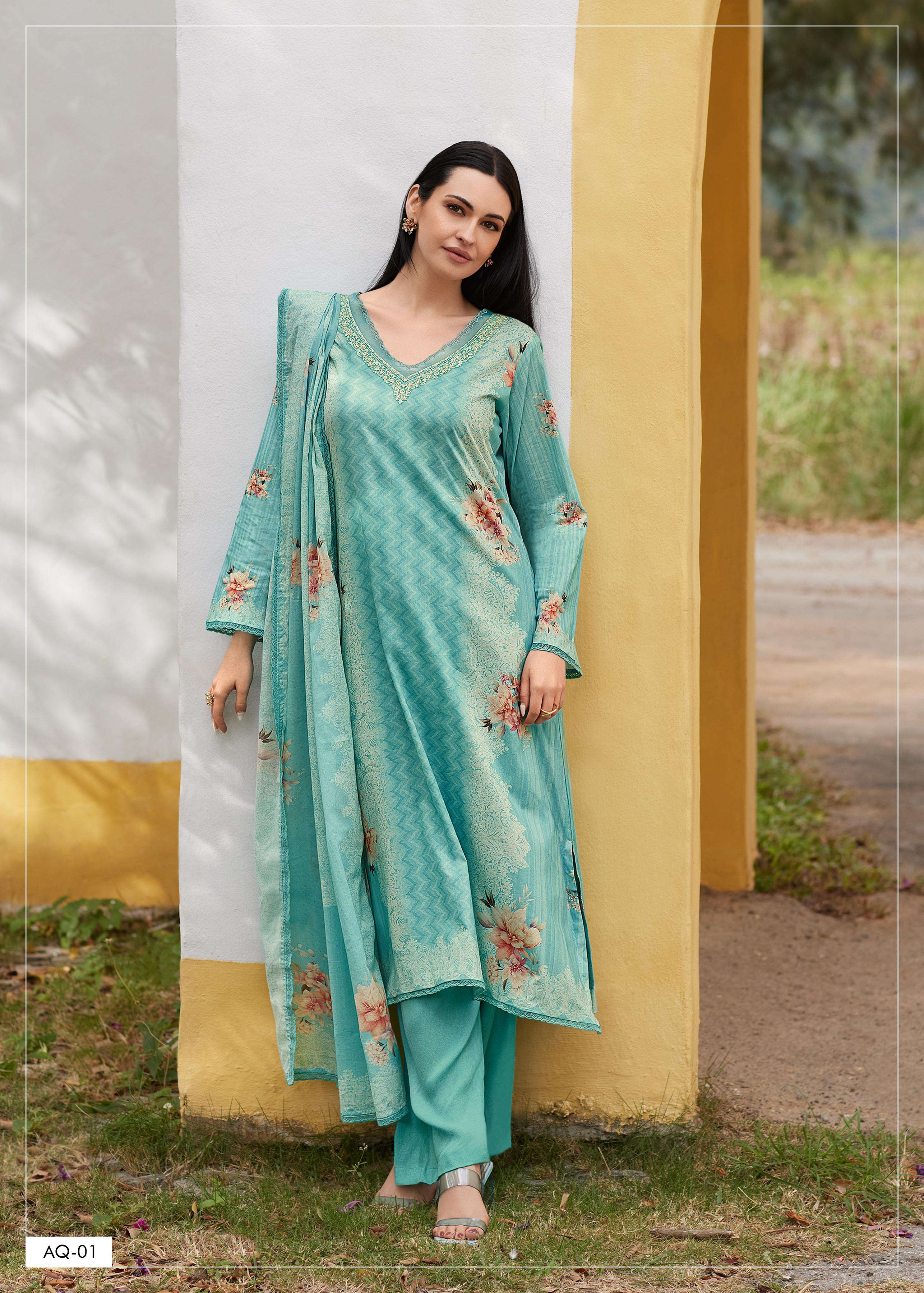 VARSHA AQUA COTTON DESIGNER HEAVY BRANDED SUIT