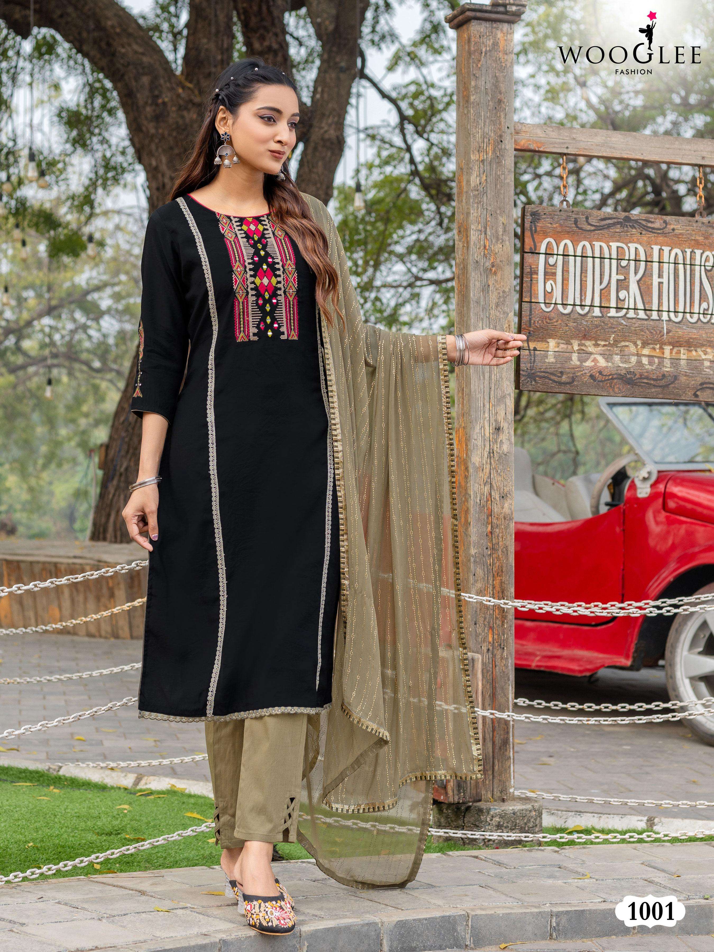 WOOGLEE MOKSHA SILK EMBROIDERIES LADIES KURTI COMBO SET 	
