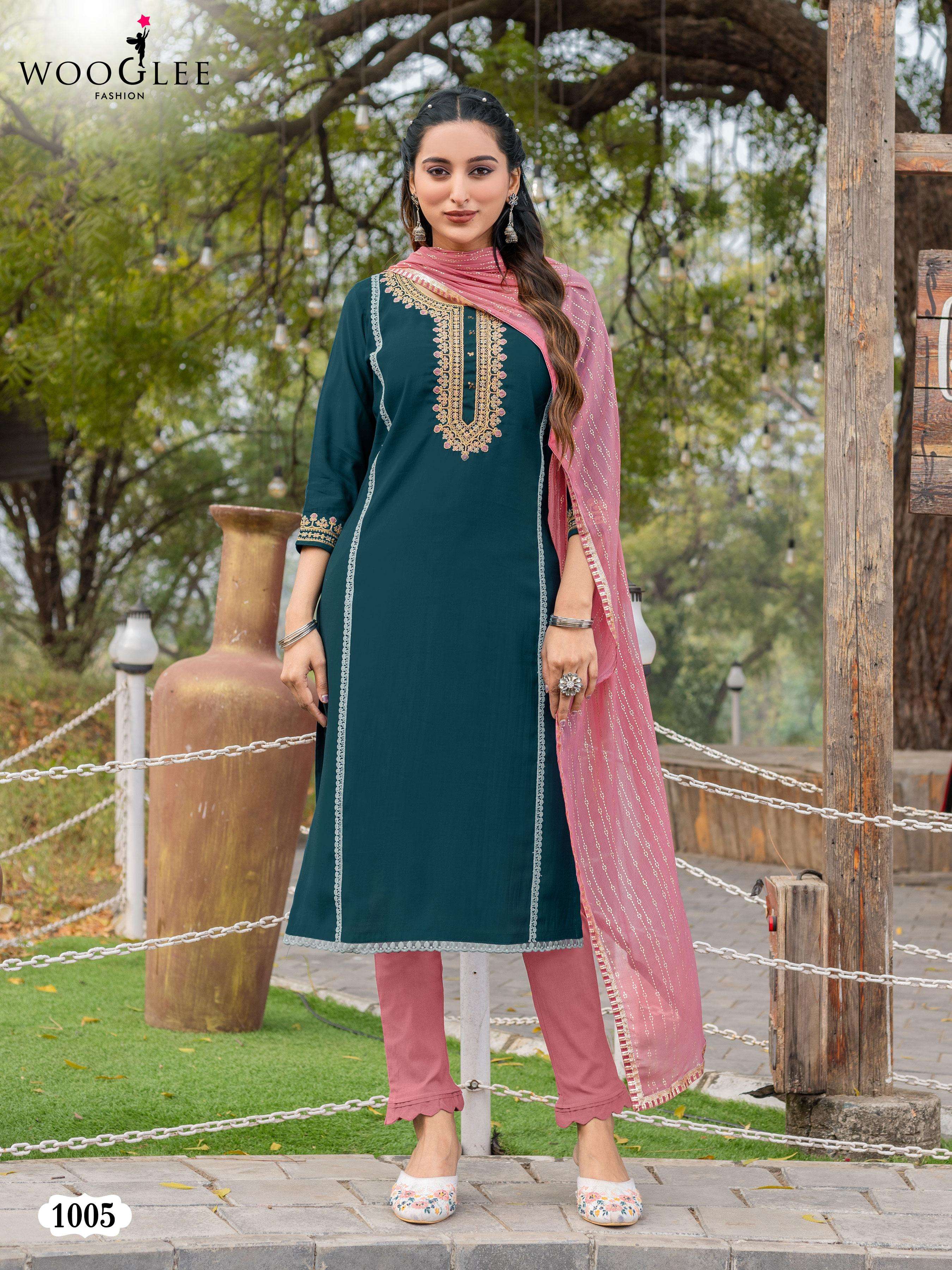 WOOGLEE MOKSHA SILK EMBROIDERIES LADIES KURTI COMBO SET 	
