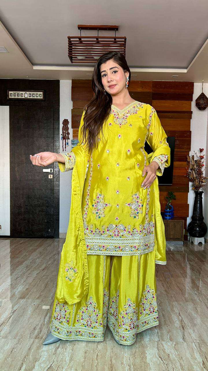 WW 1151 SILK DESIGNER WEDDING HALDI FUNCTION WEAR SHARARA SUIT