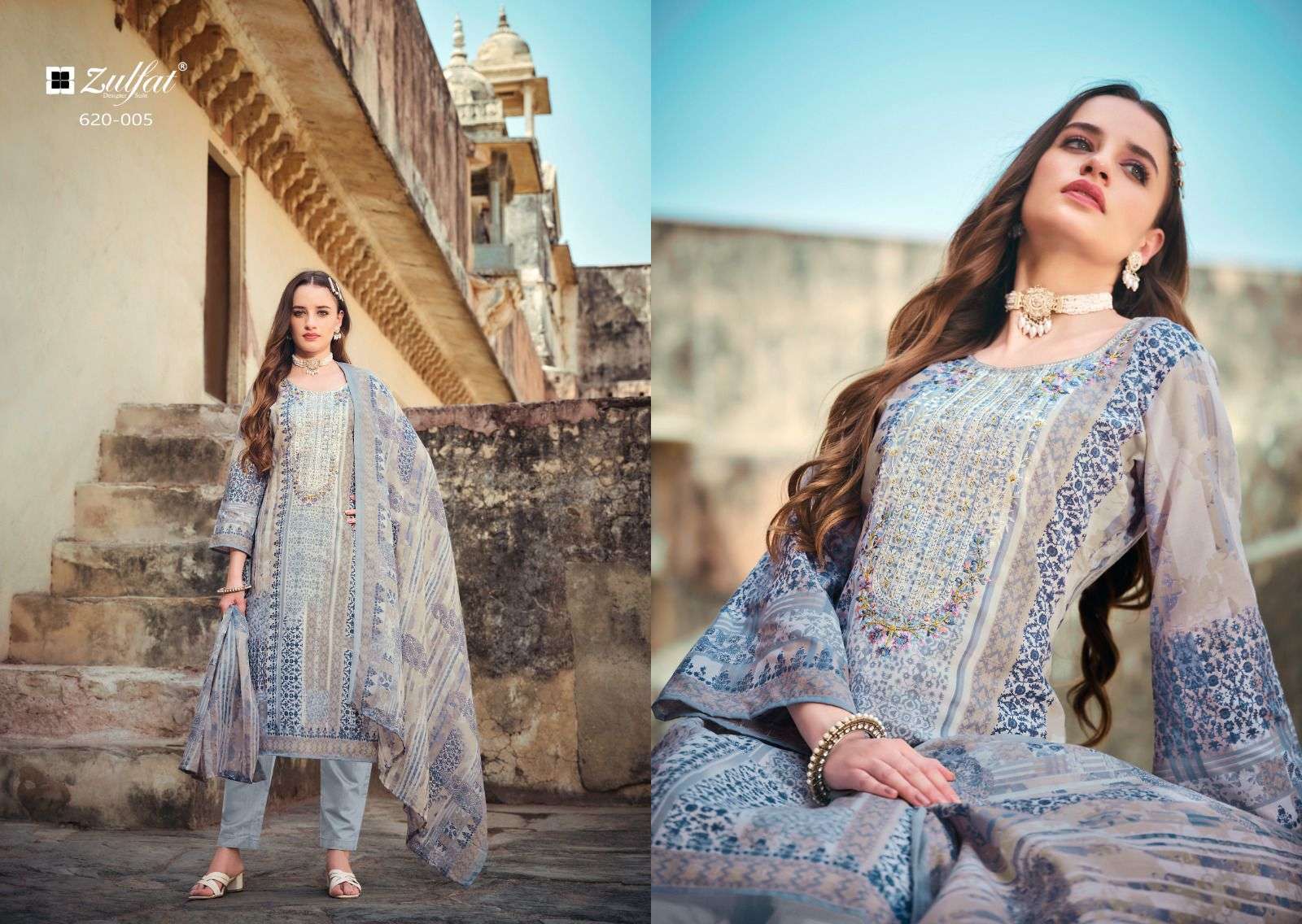  ZULFAT DESIGNER SUITS GULNAAZ COTTON DESIGNER PRINT WITH FANCY WORK SUIT