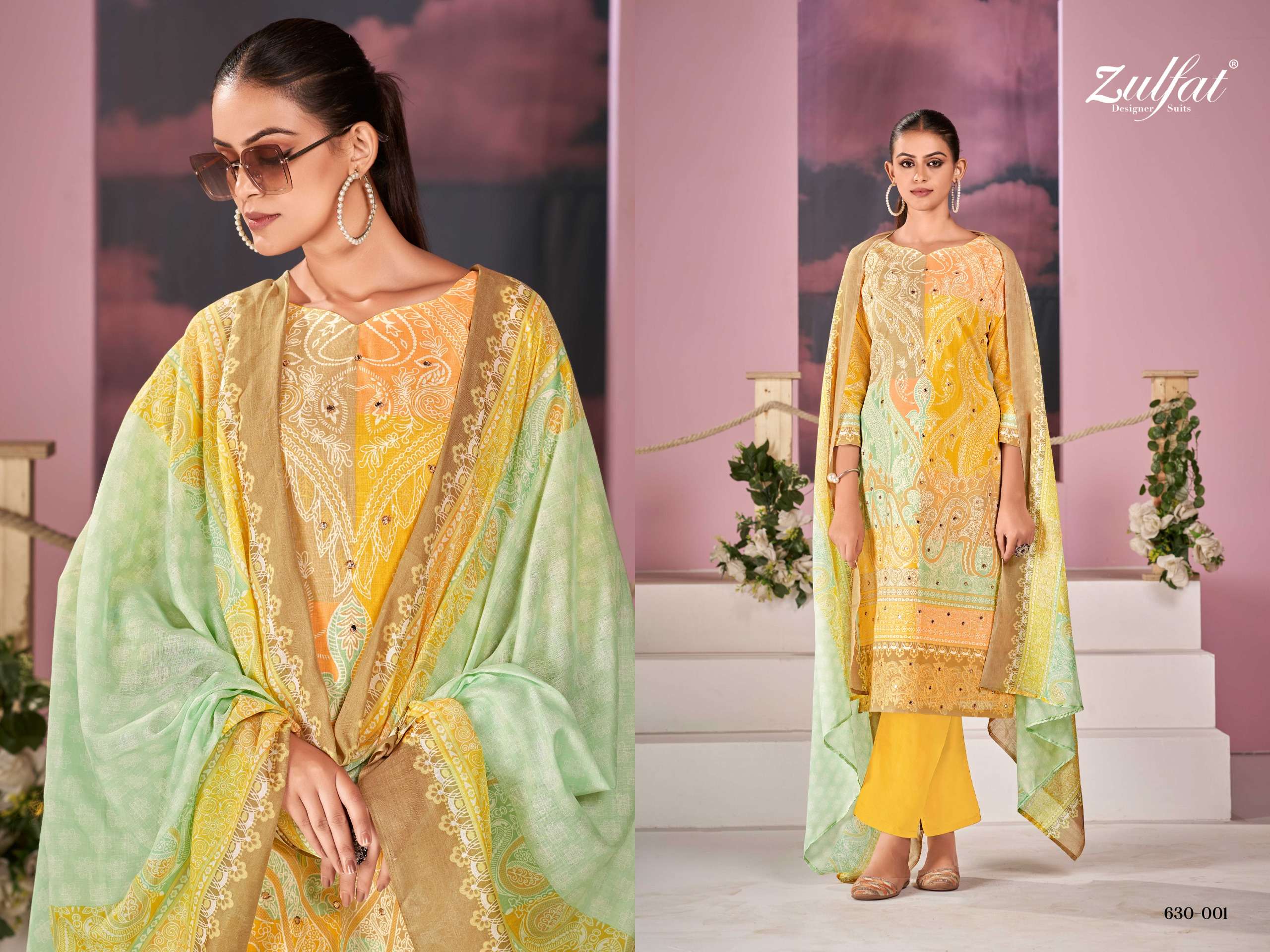 ZULFAT DESIGNER SUITS SUMMER BREEZE COTTON PRINT WITH FANCY WORK SUIT