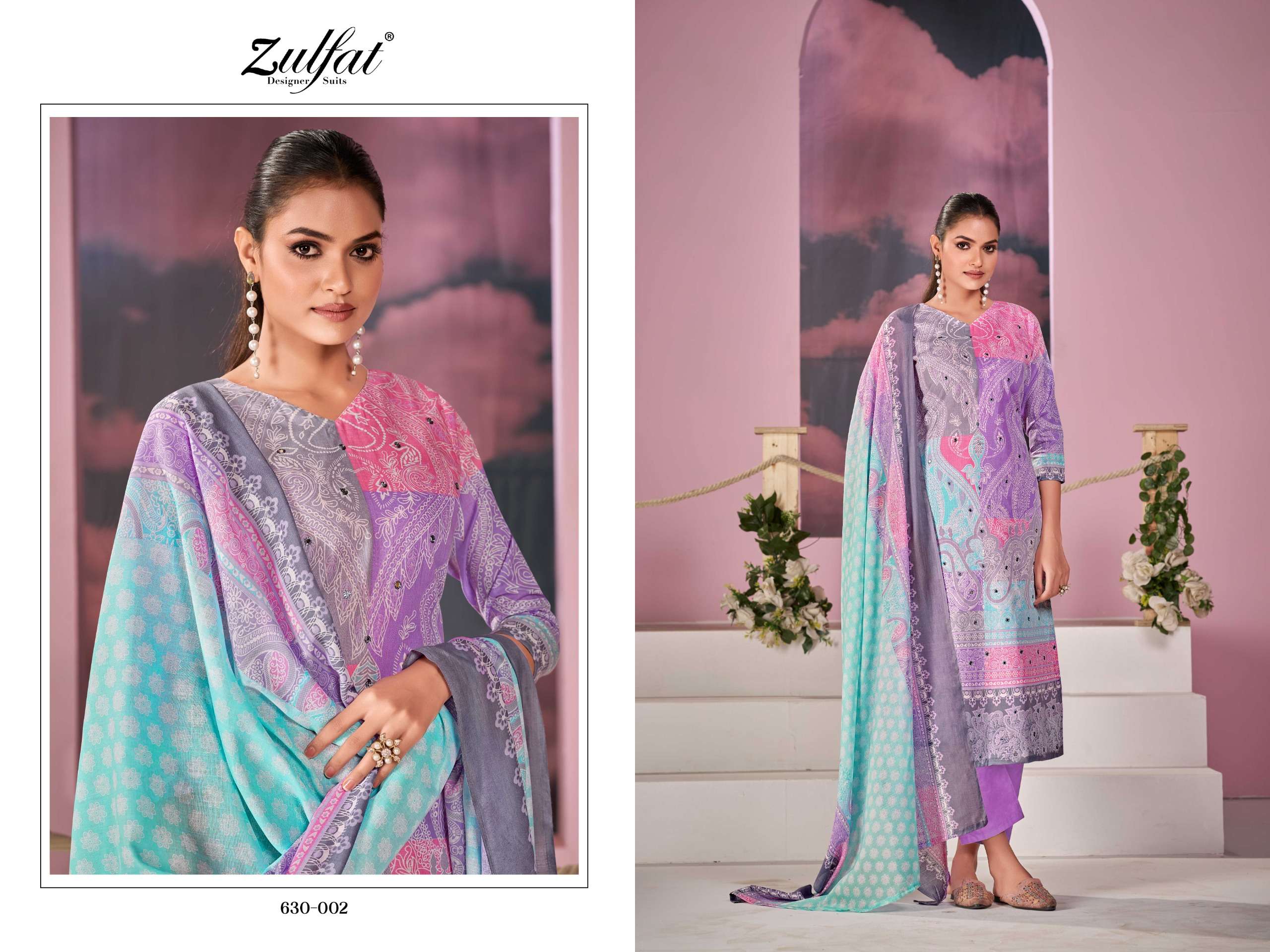 ZULFAT DESIGNER SUITS SUMMER BREEZE COTTON PRINT WITH FANCY WORK SUIT