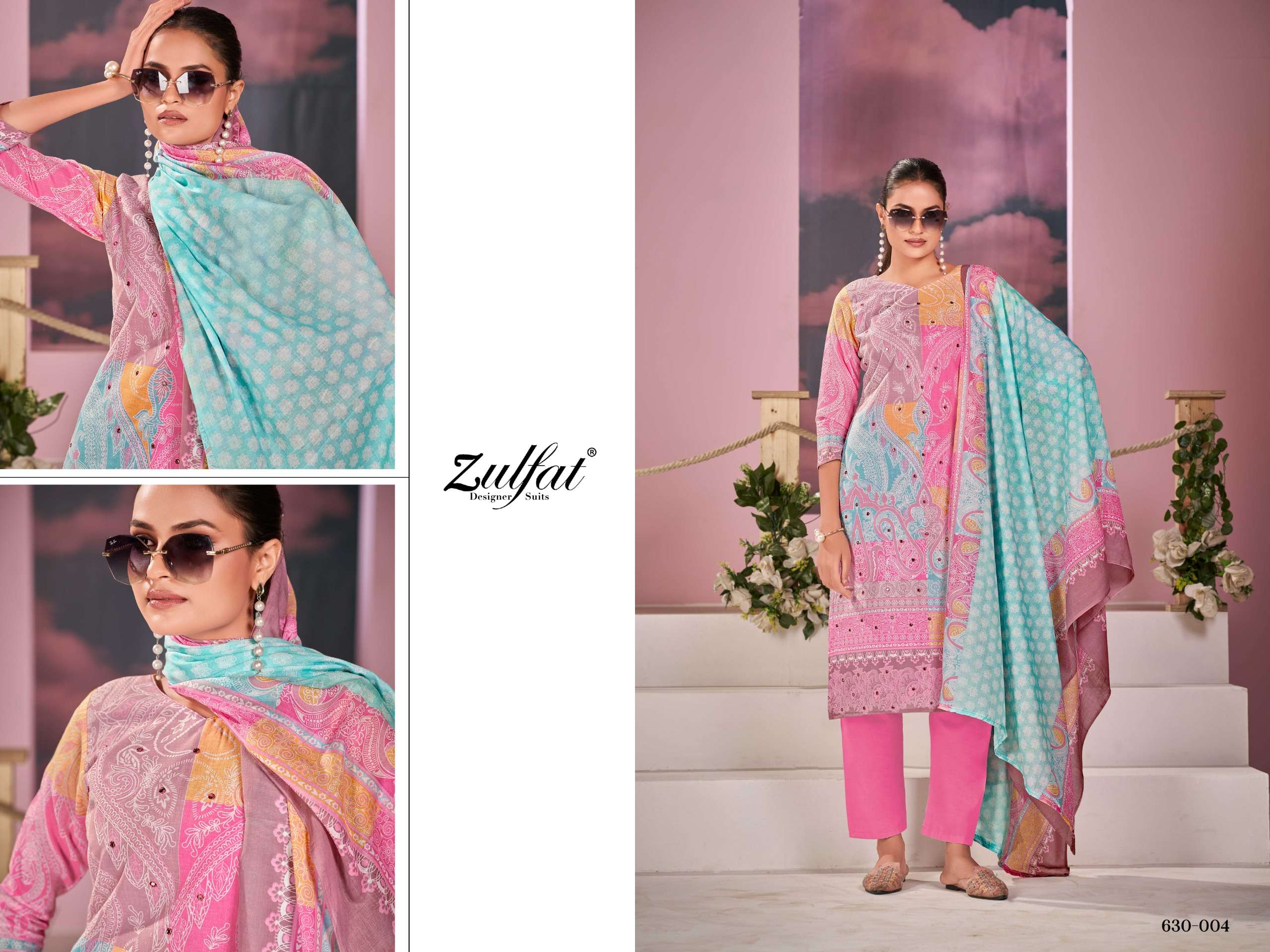 ZULFAT DESIGNER SUITS SUMMER BREEZE COTTON PRINT WITH FANCY WORK SUIT
