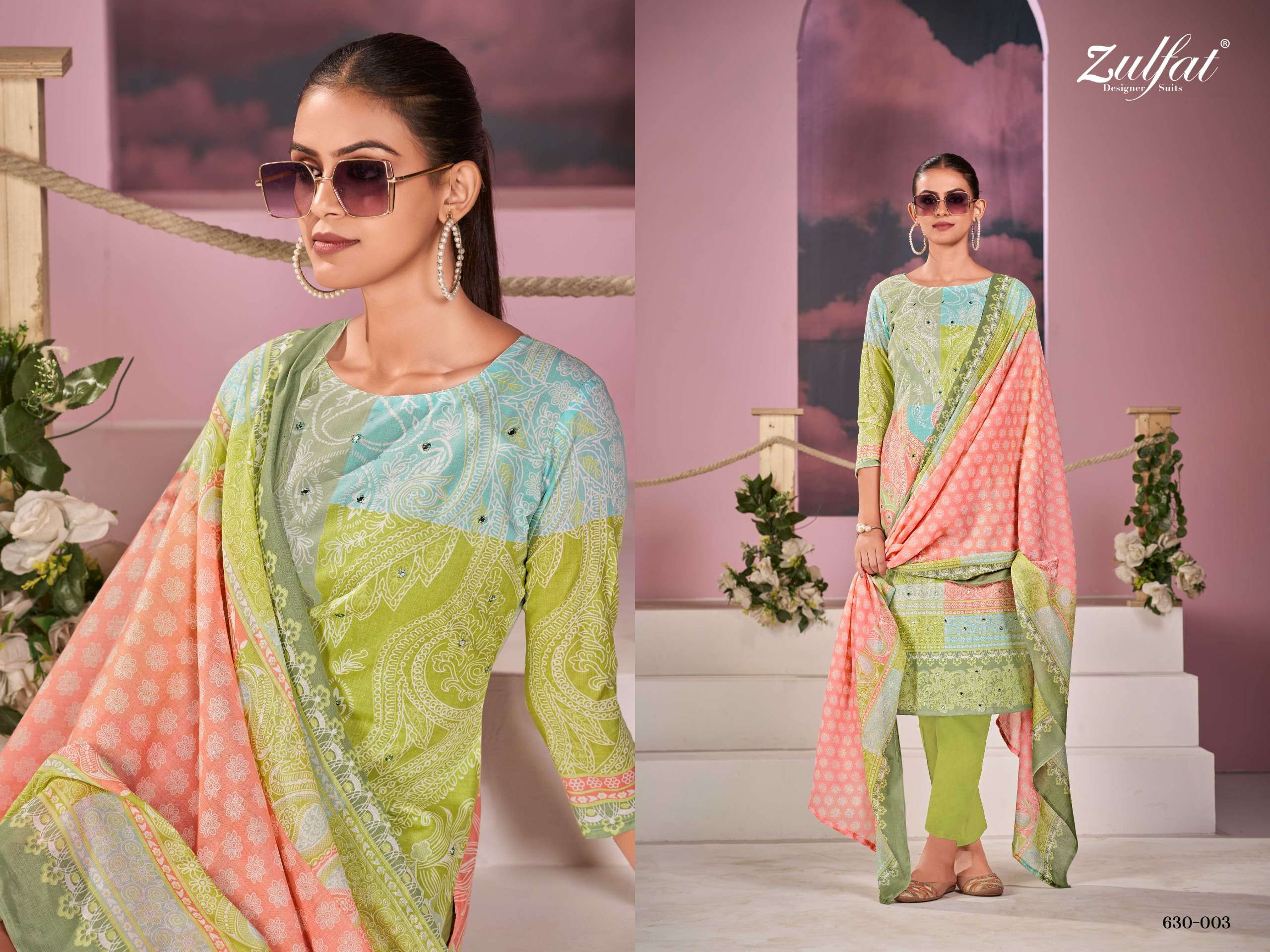 ZULFAT DESIGNER SUITS SUMMER BREEZE COTTON PRINT WITH FANCY WORK SUIT