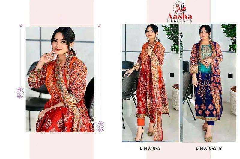 AASHA DESIGNER DESIGN NO - 1042 AB PURE COTTON PRINT HEAVY SELF EMBROIDERED PAKISTANI SALWAR SUIT