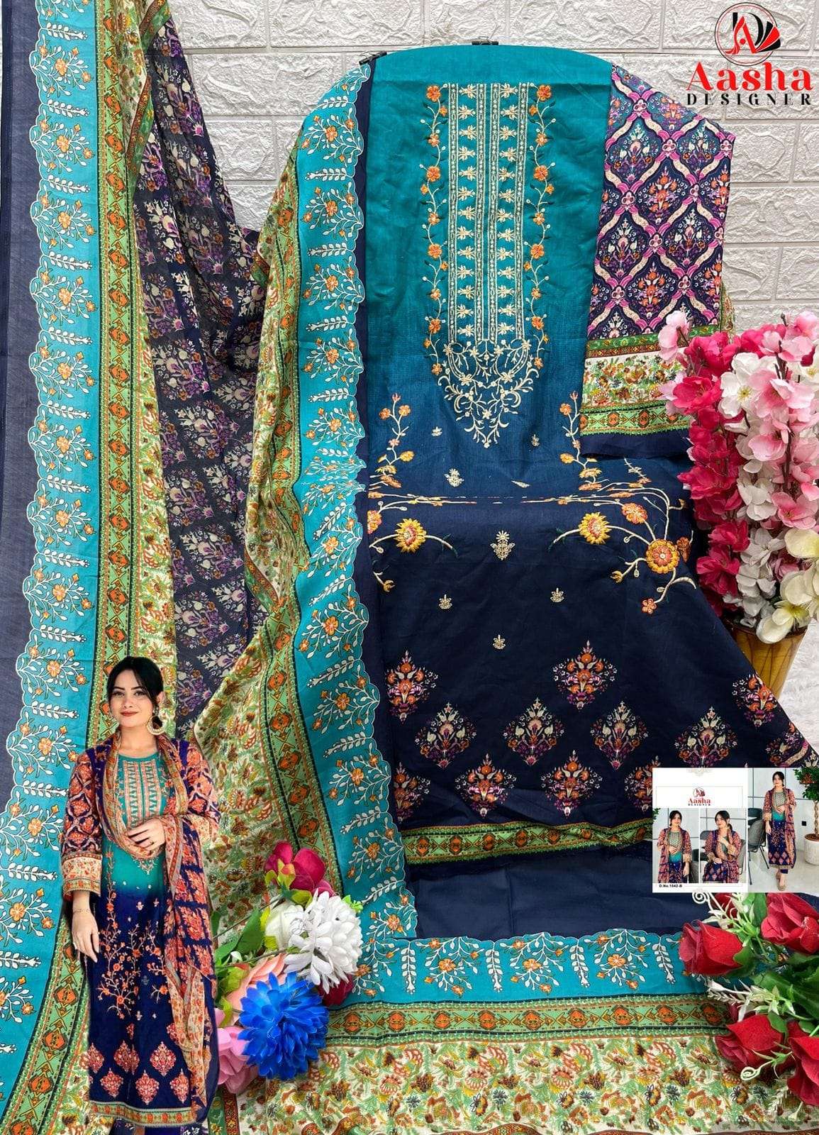 AASHA DESIGNER DESIGN NO - 1042 AB PURE COTTON PRINT HEAVY SELF EMBROIDERED PAKISTANI SALWAR SUIT