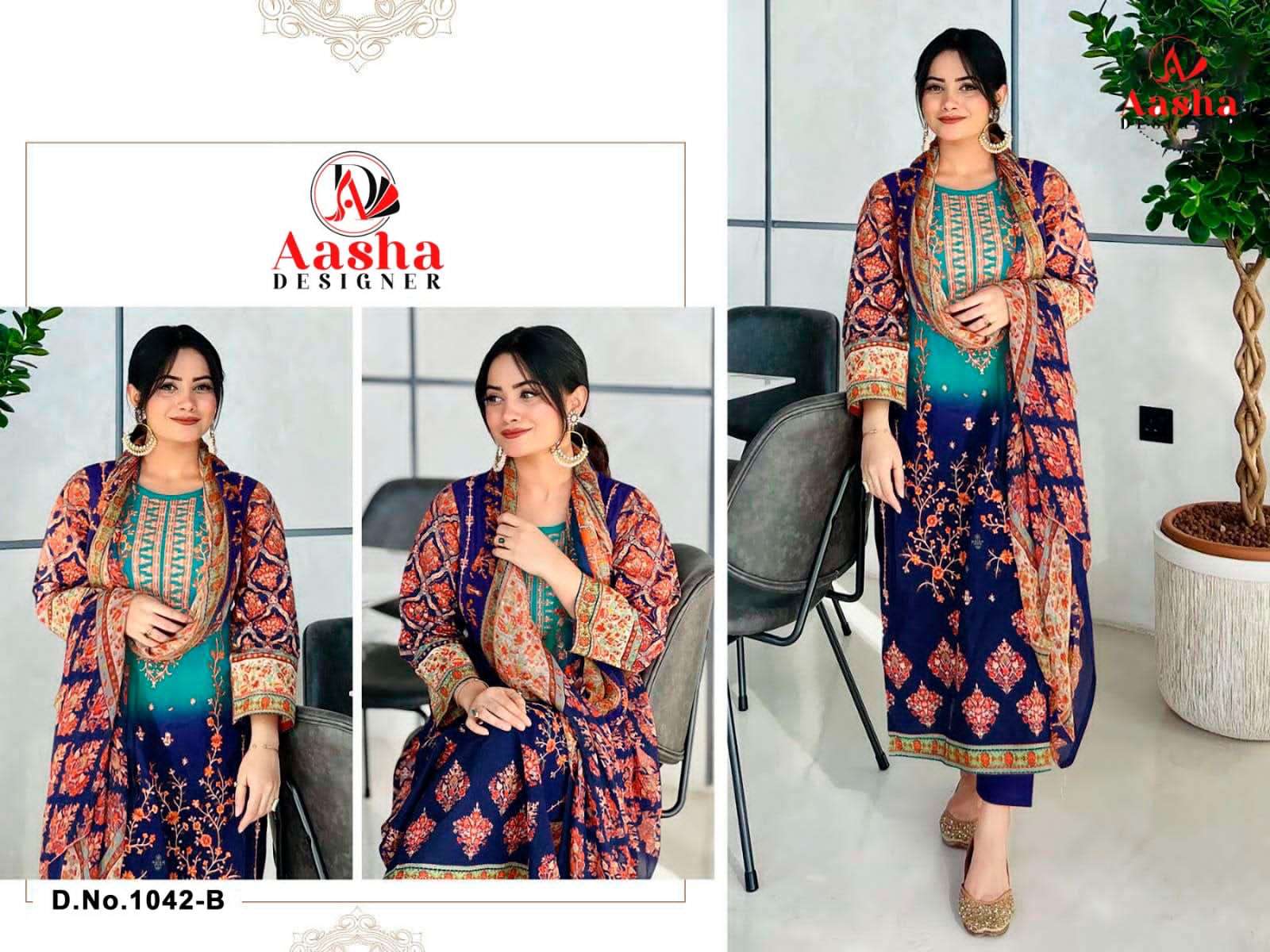 AASHA DESIGNER DESIGN NO - 1042 AB PURE COTTON PRINT HEAVY SELF EMBROIDERED PAKISTANI SALWAR SUIT
