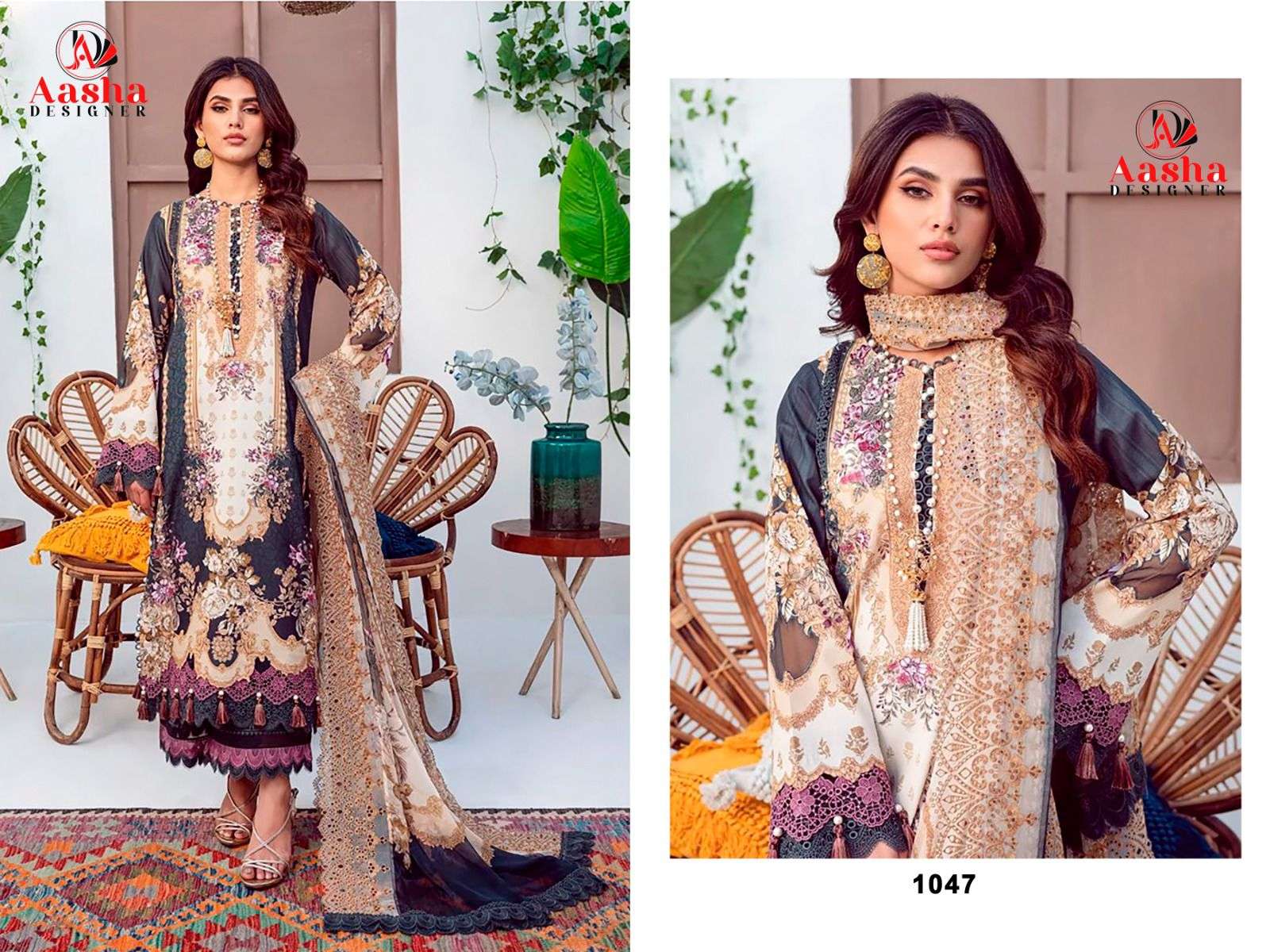 AASHA DESIGNER DESIGN NO - 1047 AB PURE COTTON PRINT EXCLUSIVE PATCH HEAVY EMBROIDERED SALWAR SUIT
