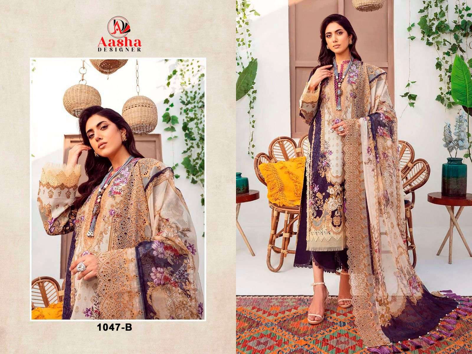 AASHA DESIGNER DESIGN NO - 1047 AB PURE COTTON PRINT EXCLUSIVE PATCH HEAVY EMBROIDERED SALWAR SUIT