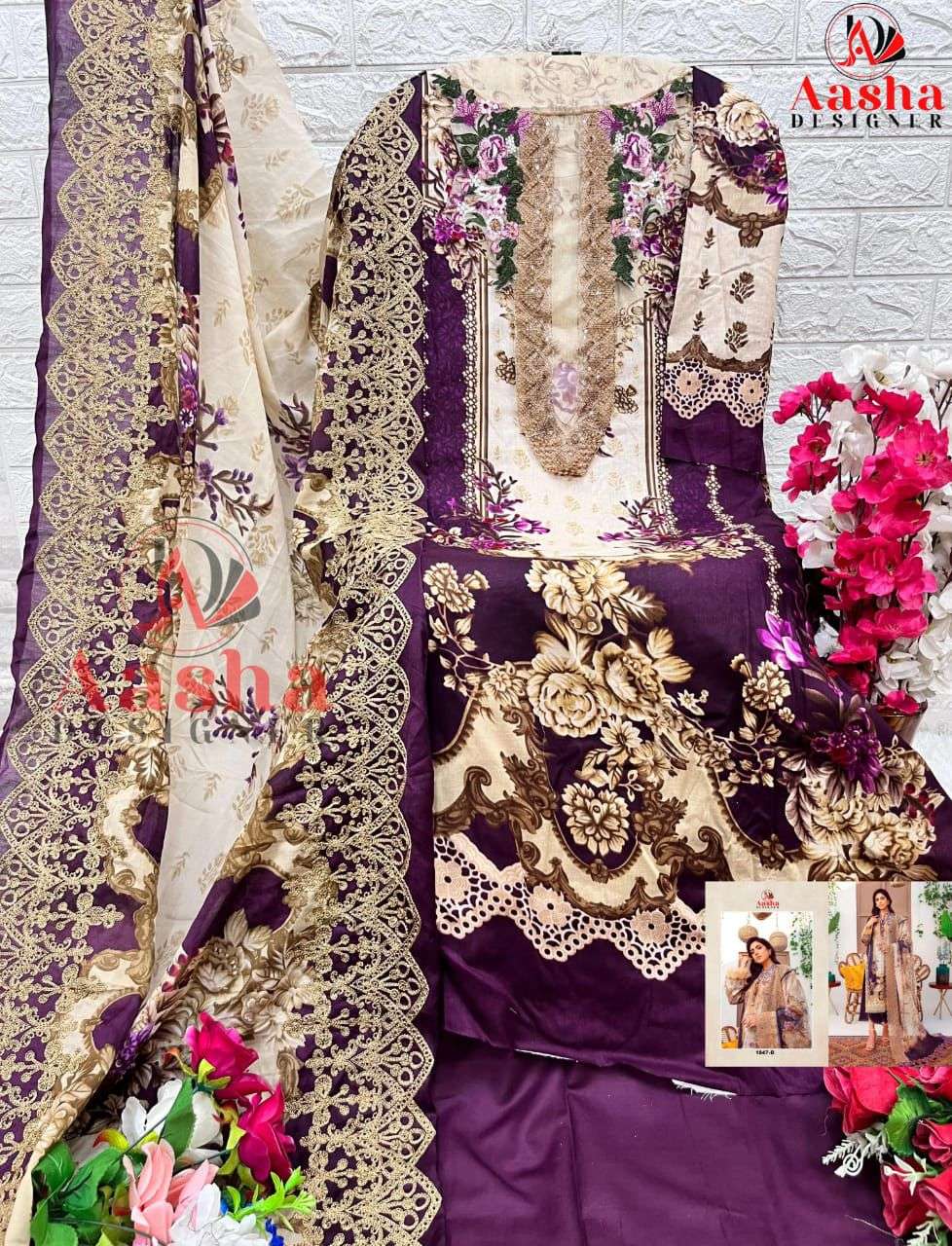 AASHA DESIGNER DESIGN NO - 1047 AB PURE COTTON PRINT EXCLUSIVE PATCH HEAVY EMBROIDERED SALWAR SUIT