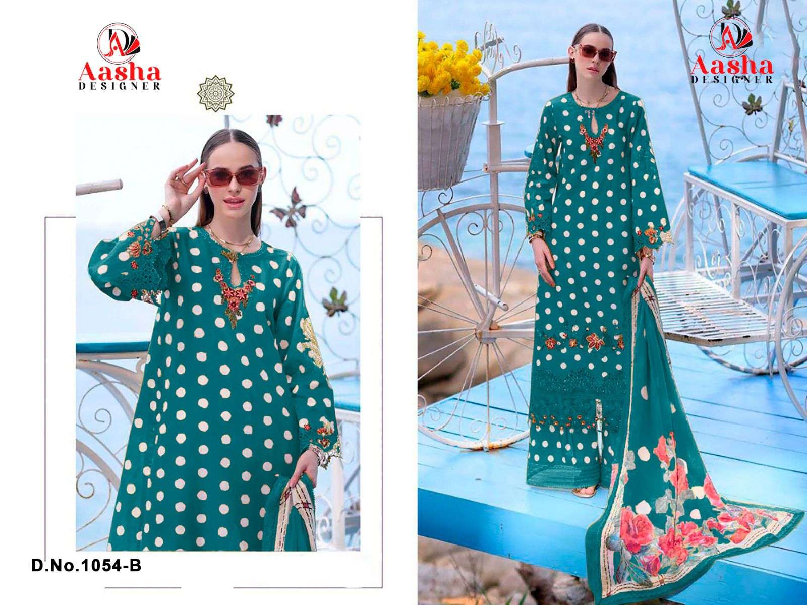 AASHA DESIGNER DESIGN NO - 1054-1055 PURE COTTON PRINT EXCLUSIVE PATCH EMBROIDERED PAKISTANI SALWAR SUIT