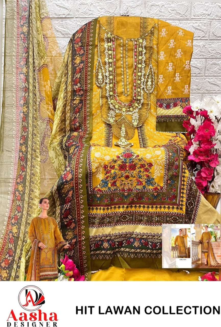 AASHA DESIGNER DESIGN NO - 1074 PURE COTTON PRINT EXCLUSIVE PATCH EMBROIDERED SALWAR SUIT