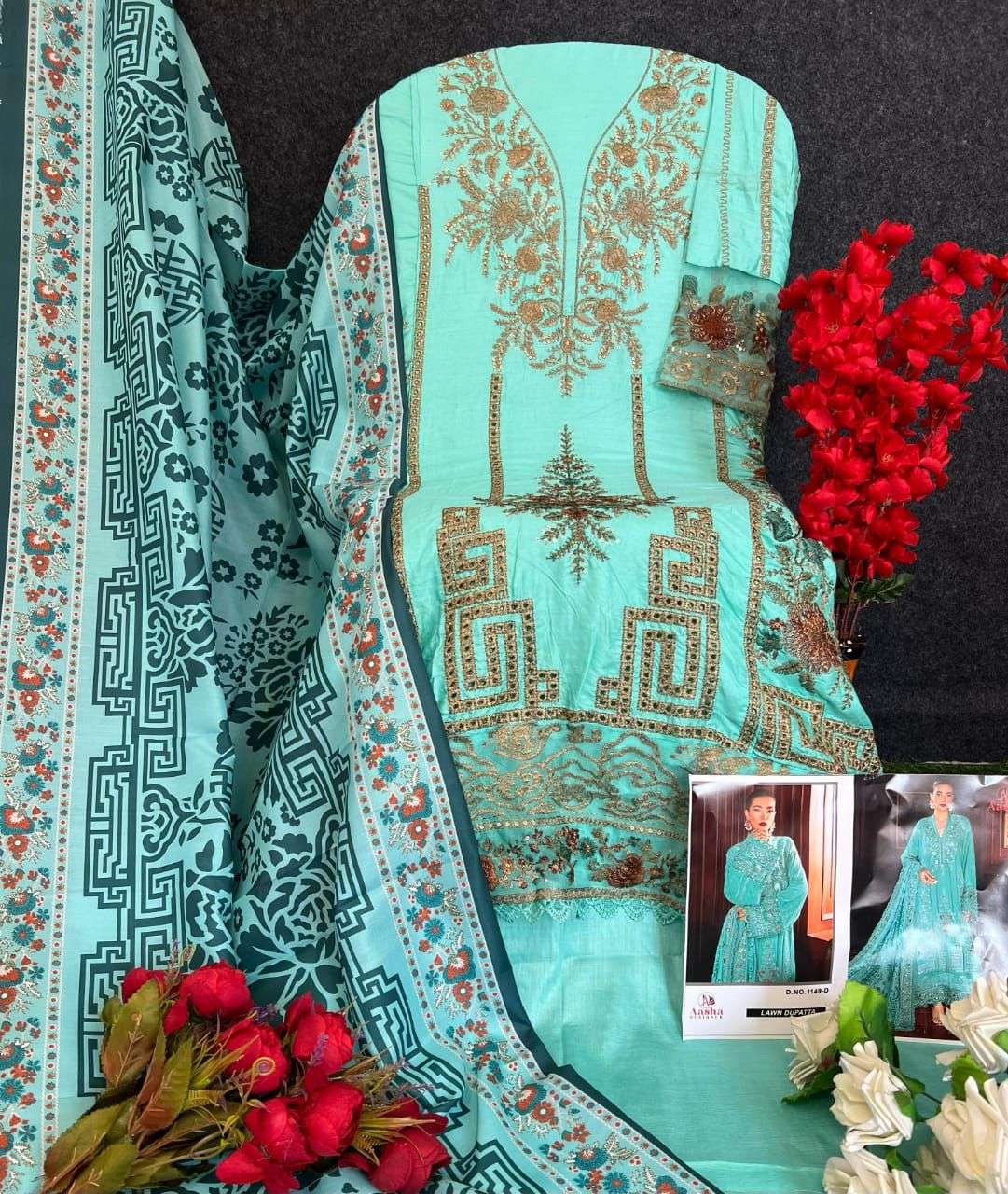 AASHA DESIGNER DESIGN NO - 1149 HEAVY RAYON SELF EMBROIDERED WORK GPO LACE PARTY WEAR SUIT