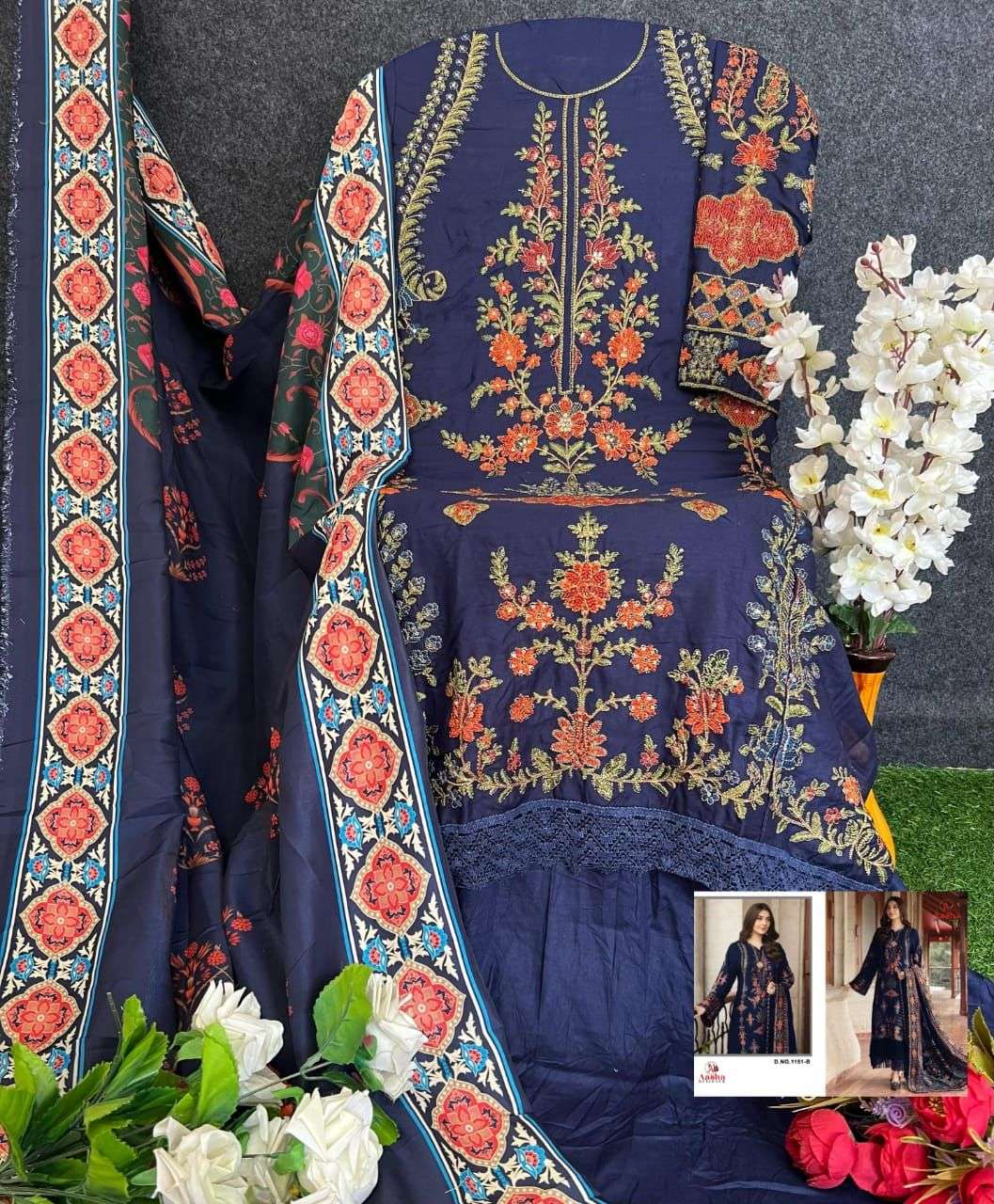 AASHA DESIGNER DESIGN NO - 1151 HEAVY RAYON SELF EMBROIDERED WORK GPO LACE PAKISTANI SUIT