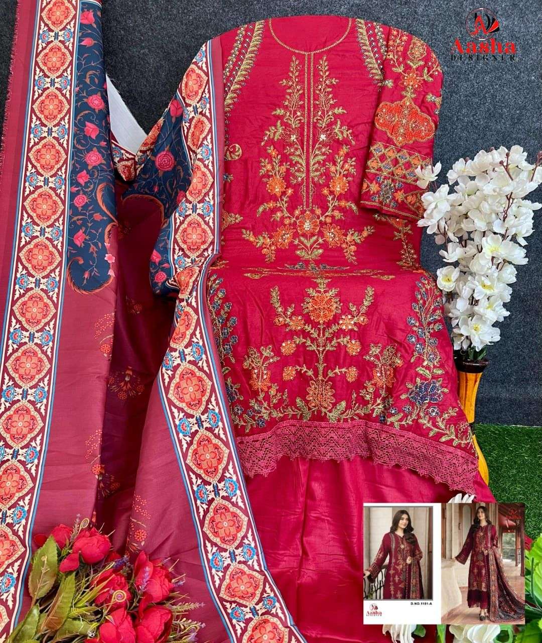 AASHA DESIGNER DESIGN NO - 1151 HEAVY RAYON SELF EMBROIDERED WORK GPO LACE PAKISTANI SUIT