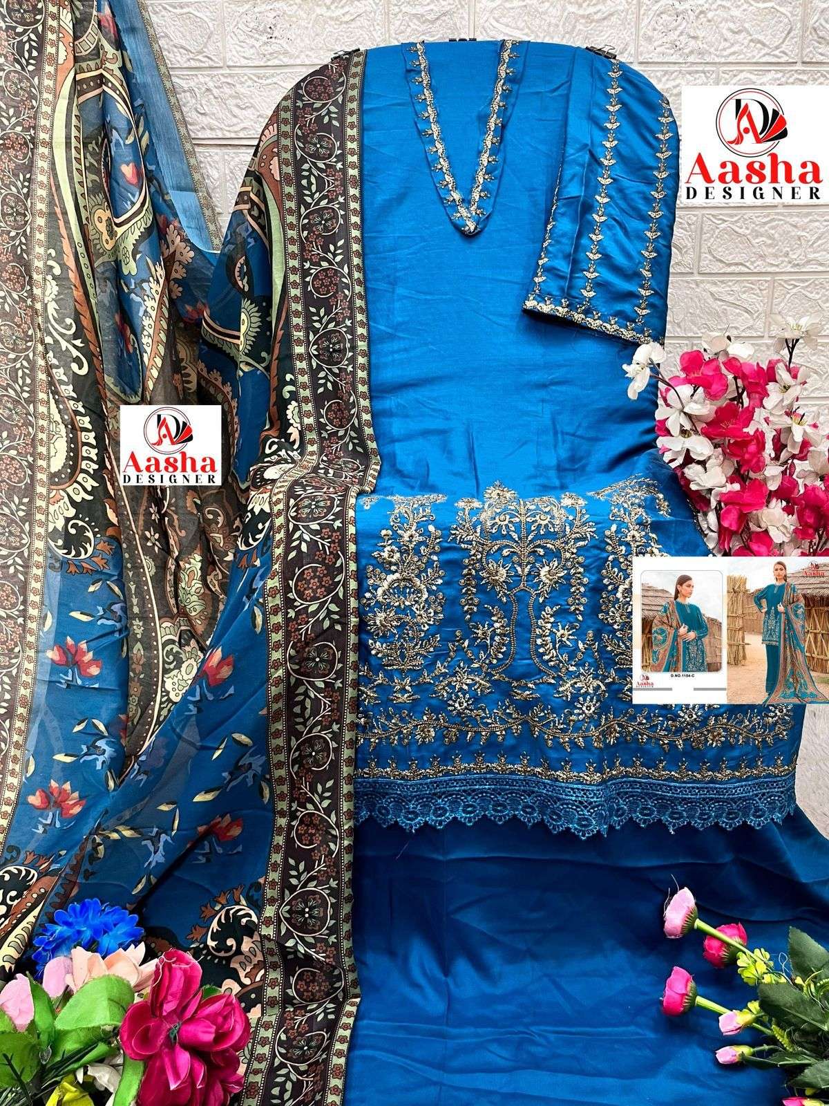 AASHA DESIGNER DESIGN NO - 1154 BCD HEAVY RAYON SELF EMBROIDERED GPO LACE PAKISTANI SALWAR SUIT 