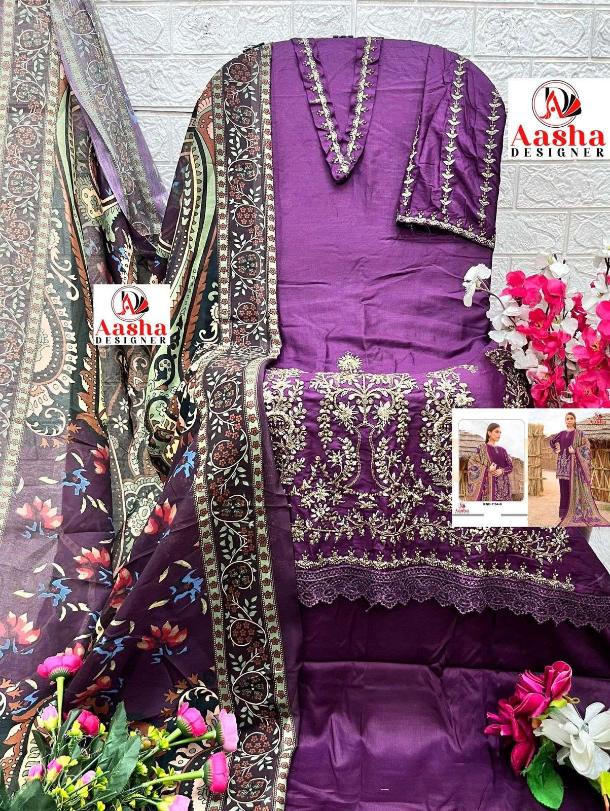 AASHA DESIGNER DESIGN NO - 1154 BCD HEAVY RAYON SELF EMBROIDERED GPO LACE PAKISTANI SALWAR SUIT 