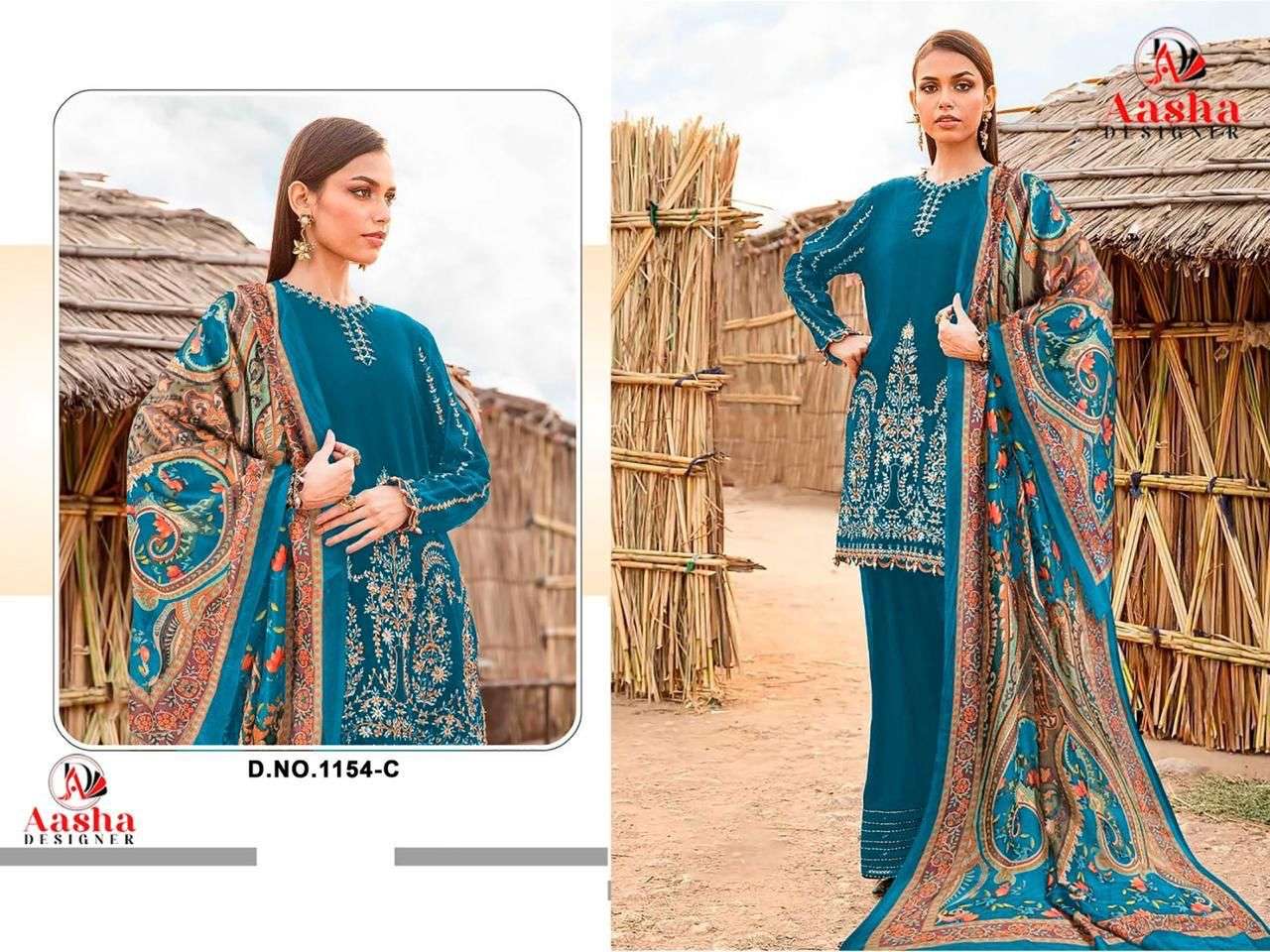 AASHA DESIGNER DESIGN NO - 1154 BCD HEAVY RAYON SELF EMBROIDERED GPO LACE PAKISTANI SALWAR SUIT 