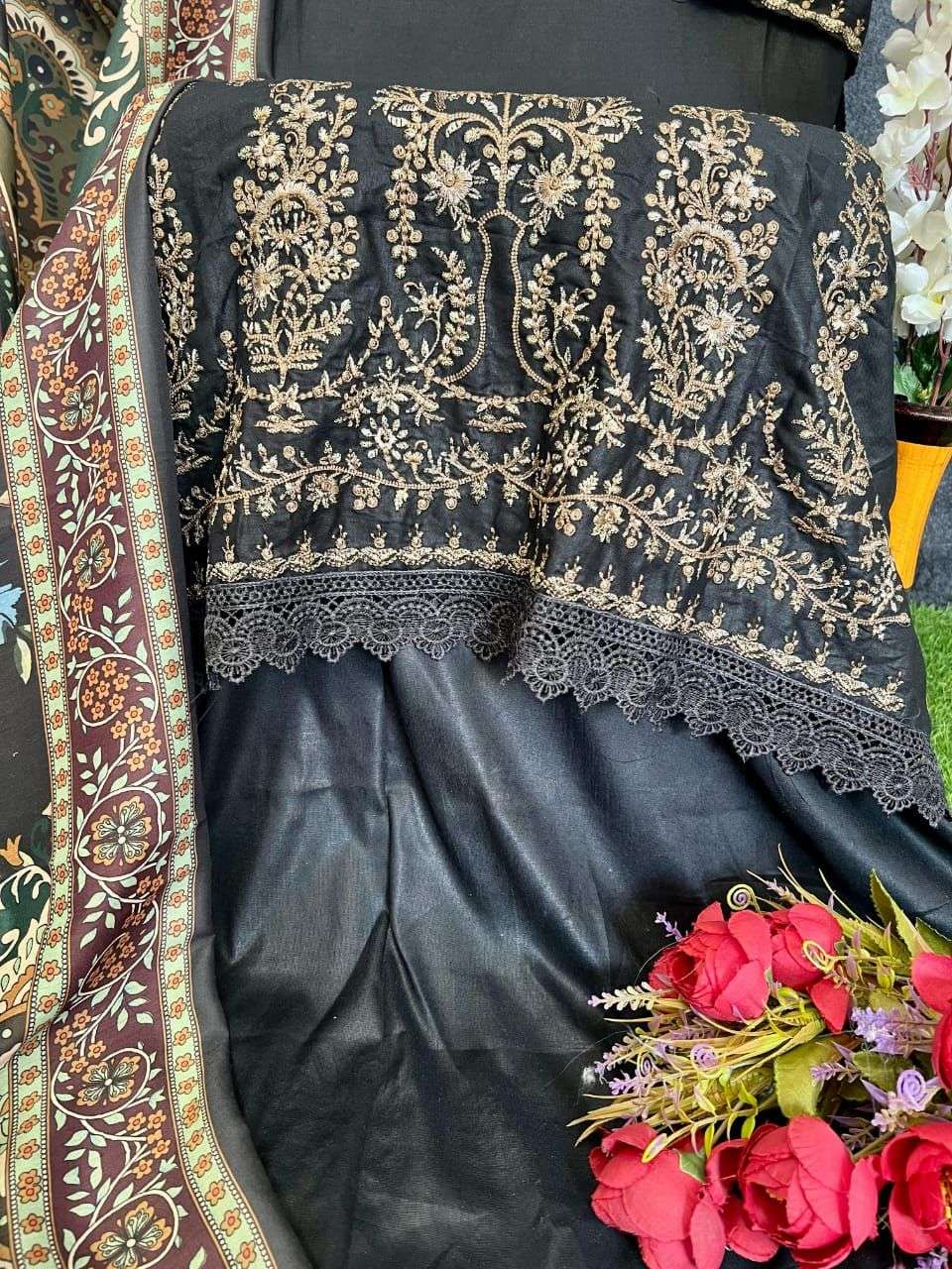AASHA DESIGNER DESIGN NO - 1154 HEAVY RAYON SELF EMBROIDERED GPO LACE PAKISTANI SALWAR SUIT 