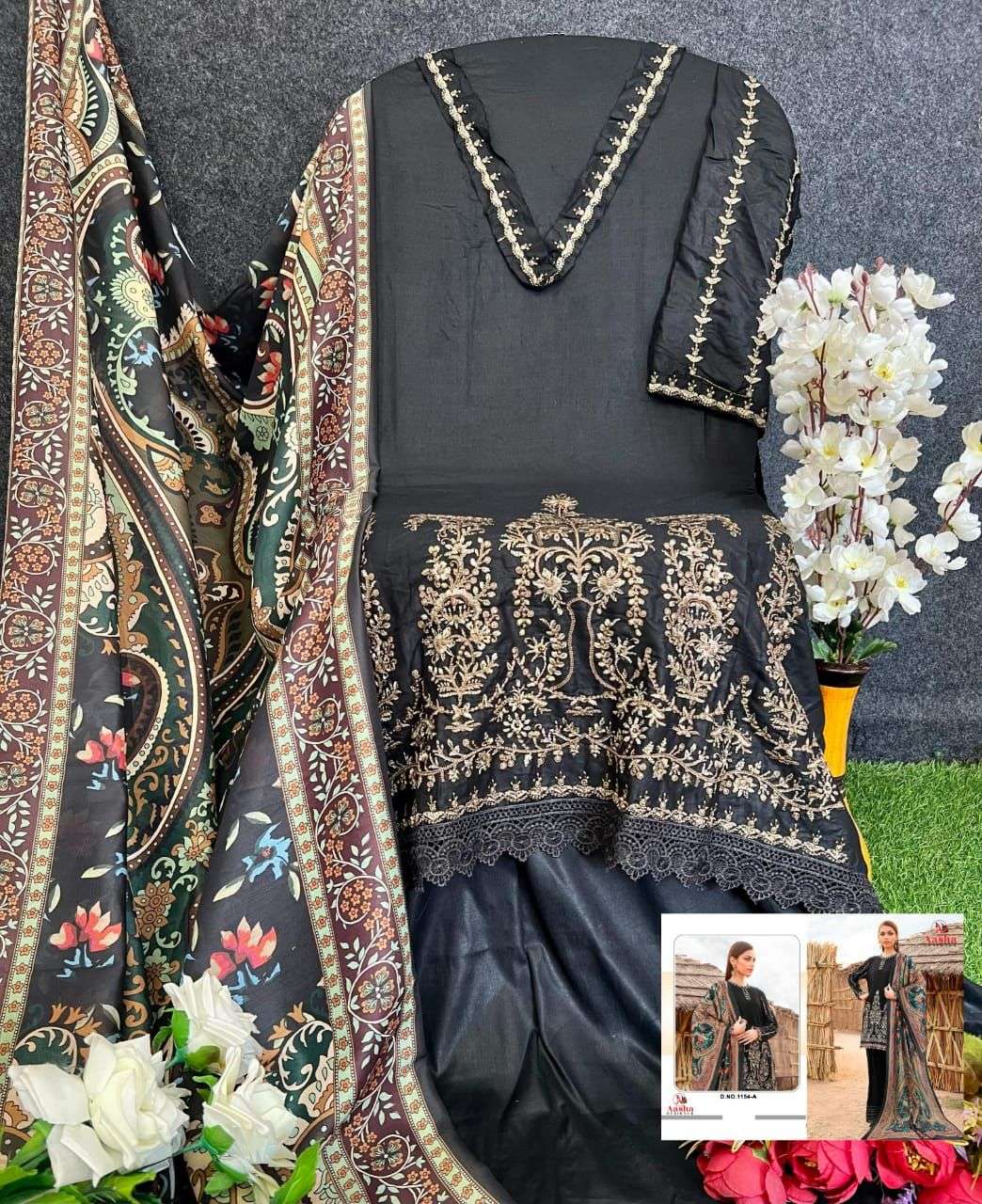 AASHA DESIGNER DESIGN NO - 1154 HEAVY RAYON SELF EMBROIDERED GPO LACE PAKISTANI SALWAR SUIT 