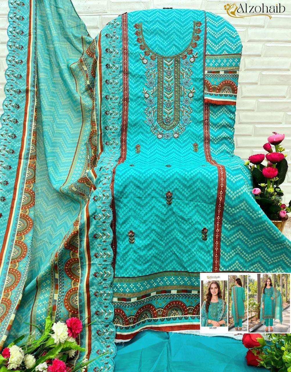 AL ZOHAIB DESIGN NO - 1106-1107-1108-1109-1110-1111 PURE COTTON PRINT SELF EMBROIDERED PAKISTANI SALWAR SUIT
