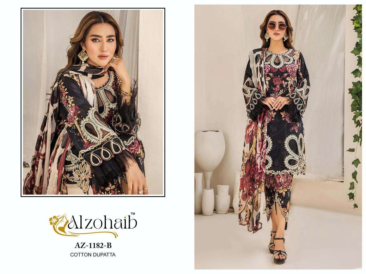 AL ZOHAIB DESIGN NO - 1182 ABC PURE COTTON PRINT HEAVY EMBROIDERED PATCHES PAKISTANI SALWAR SUIT