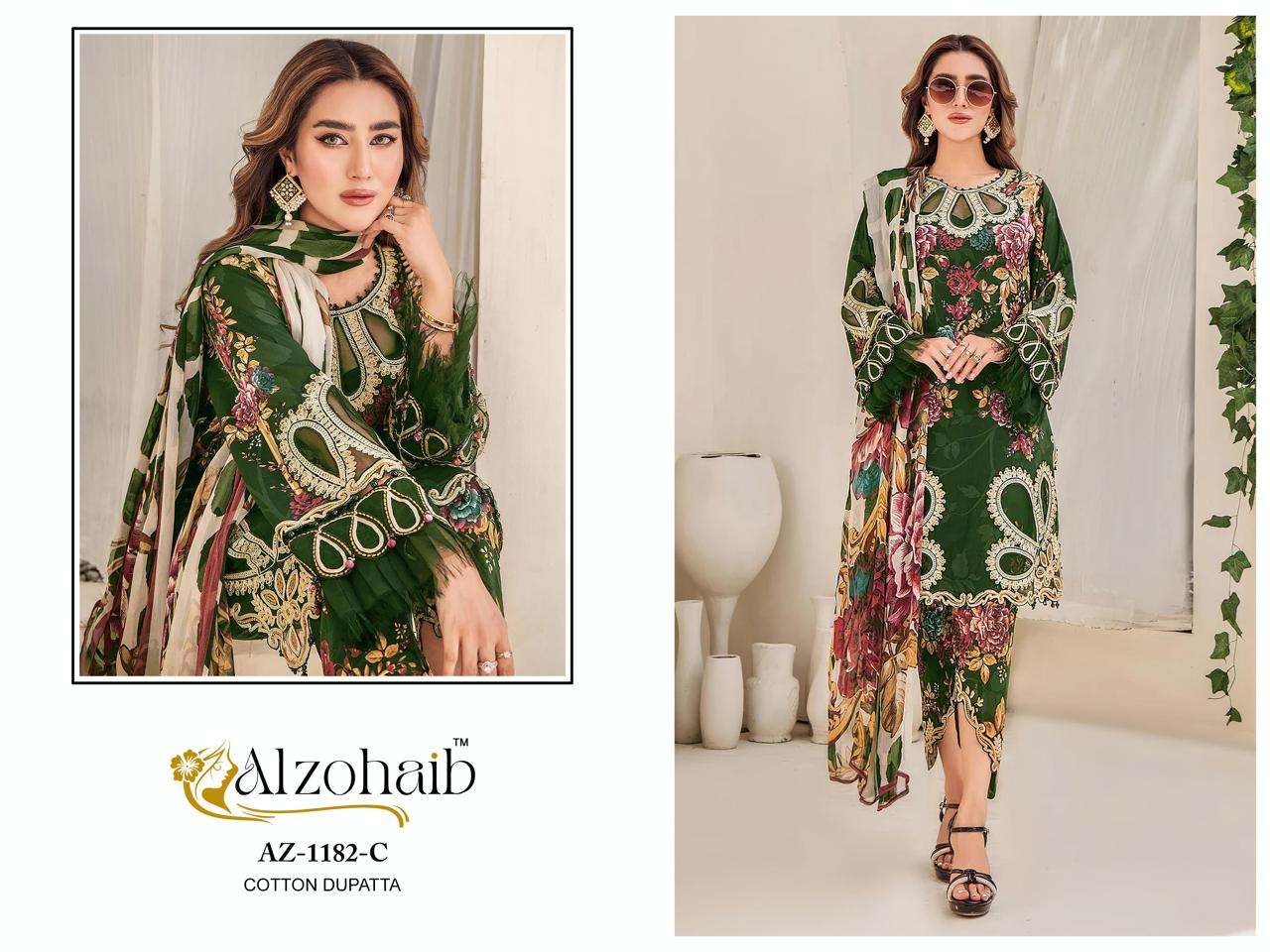 AL ZOHAIB DESIGN NO - 1182 ABC PURE COTTON PRINT HEAVY EMBROIDERED PATCHES PAKISTANI SALWAR SUIT