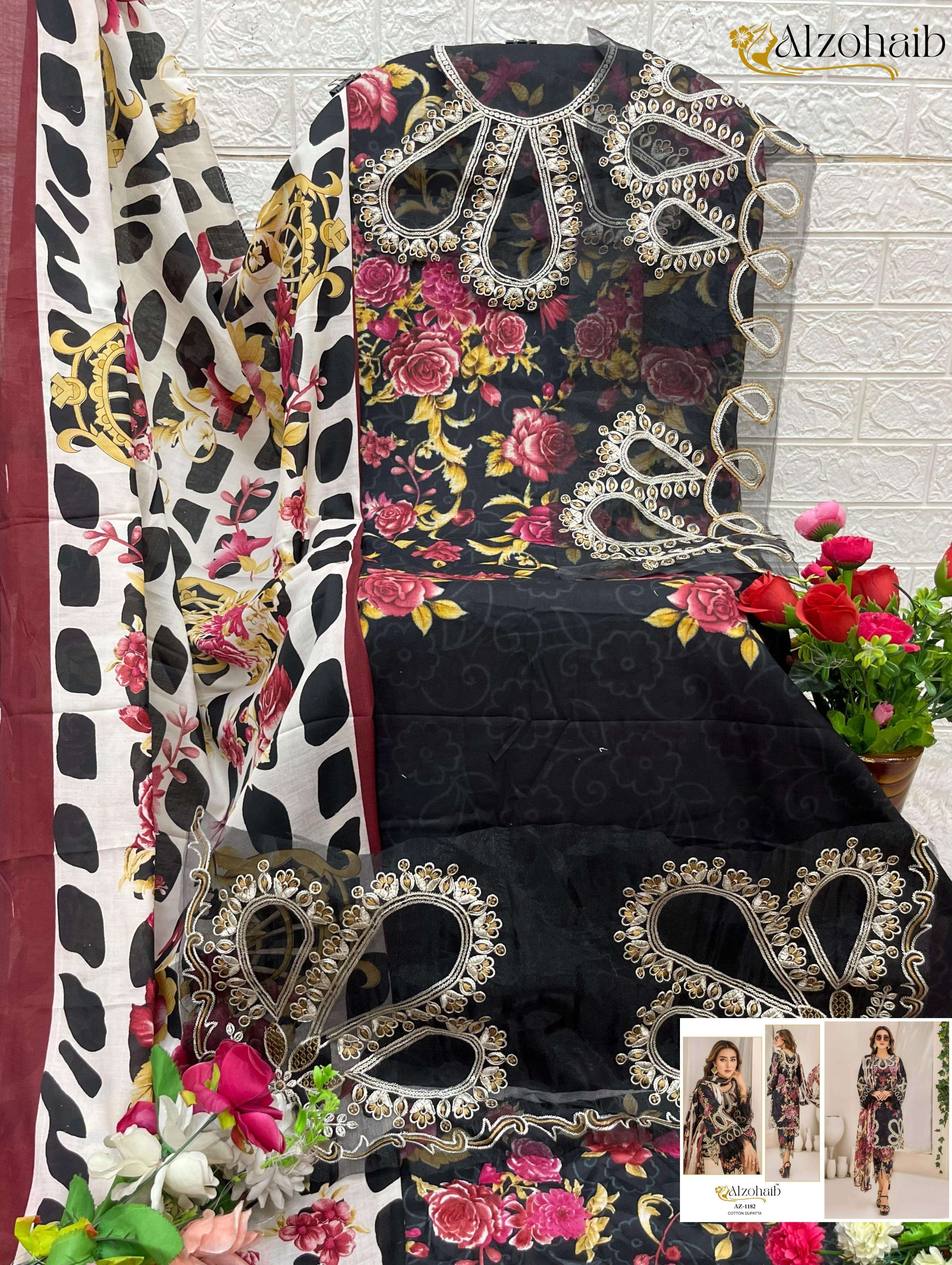 AL ZOHAIB DESIGN NO - 1182 ABC PURE COTTON PRINT HEAVY EMBROIDERED PATCHES PAKISTANI SALWAR SUIT