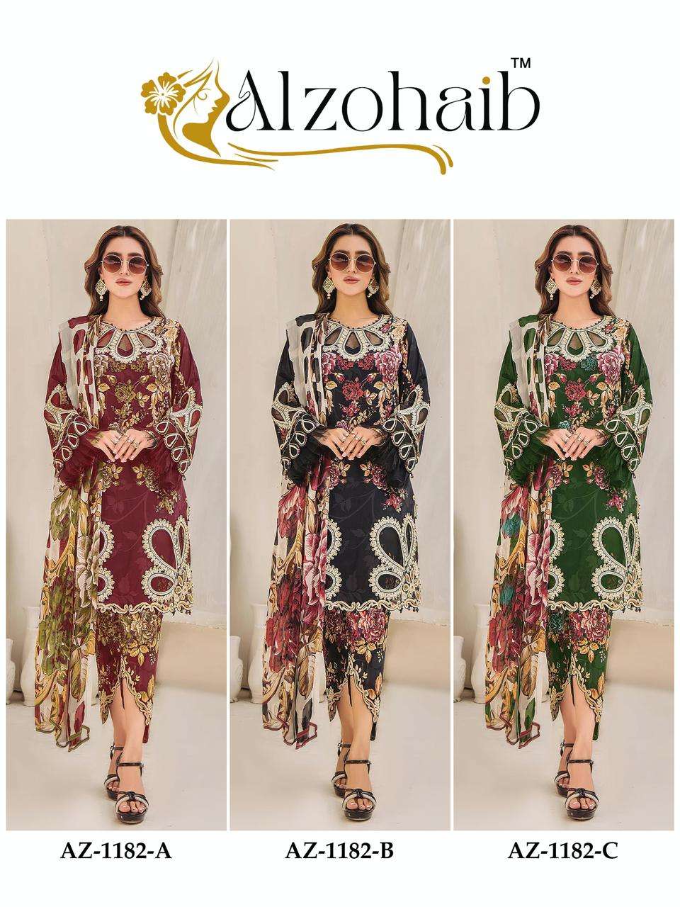 AL ZOHAIB DESIGN NO - 1182 ABC PURE COTTON PRINT HEAVY EMBROIDERED PATCHES PAKISTANI SALWAR SUIT