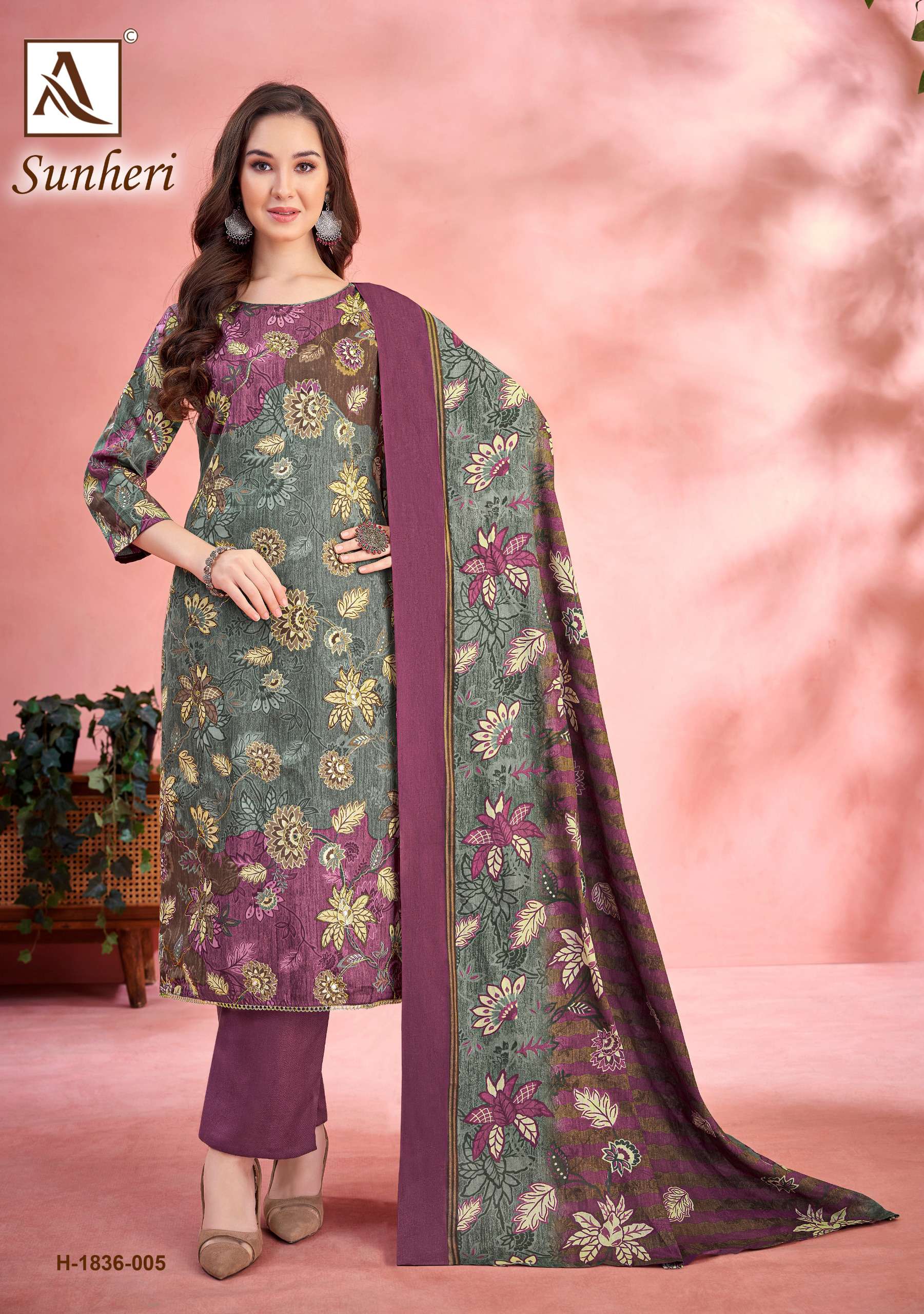 ALOK SUITS SUNHERI JAM COTTON DESIGNER PRINT WITH FANCY WORK SUIT
