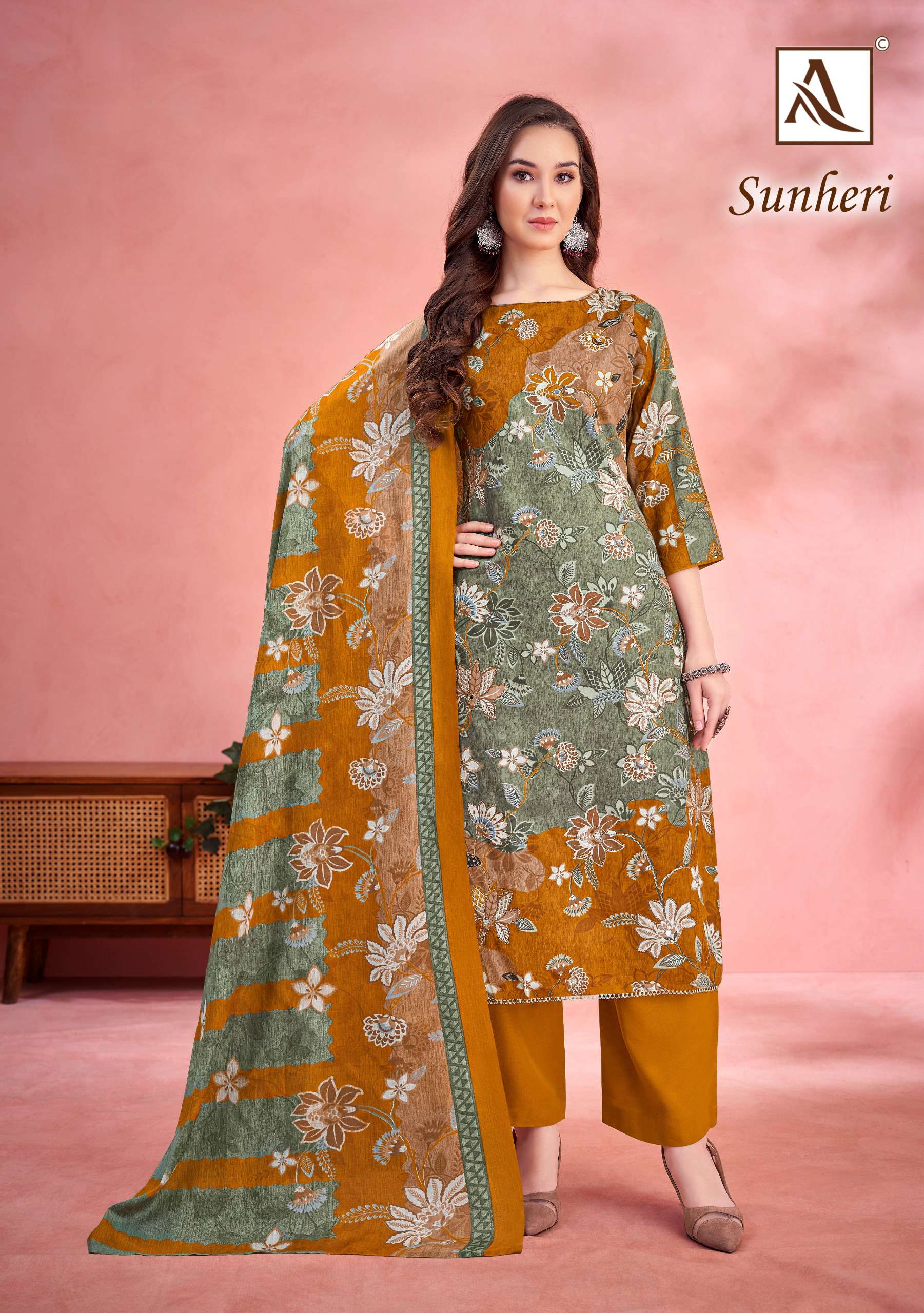 ALOK SUITS SUNHERI JAM COTTON DESIGNER PRINT WITH FANCY WORK SUIT