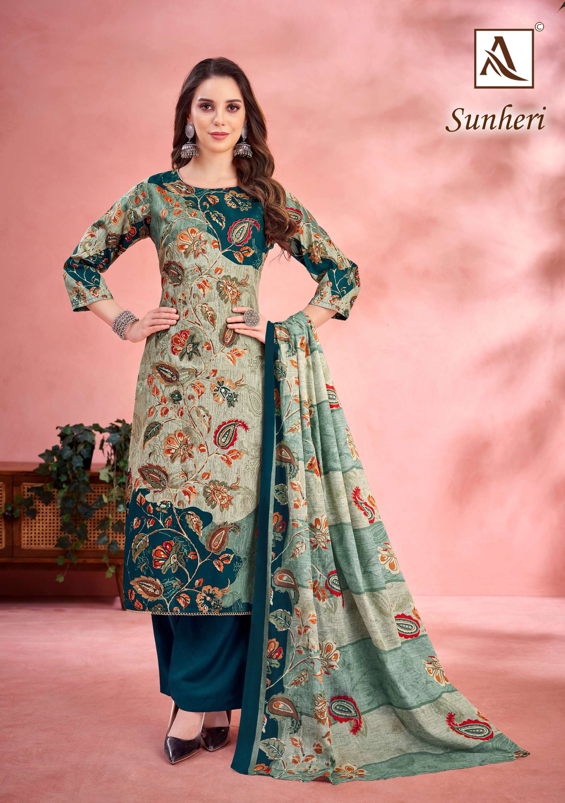 ALOK SUITS SUNHERI JAM COTTON DESIGNER PRINT WITH FANCY WORK SUIT