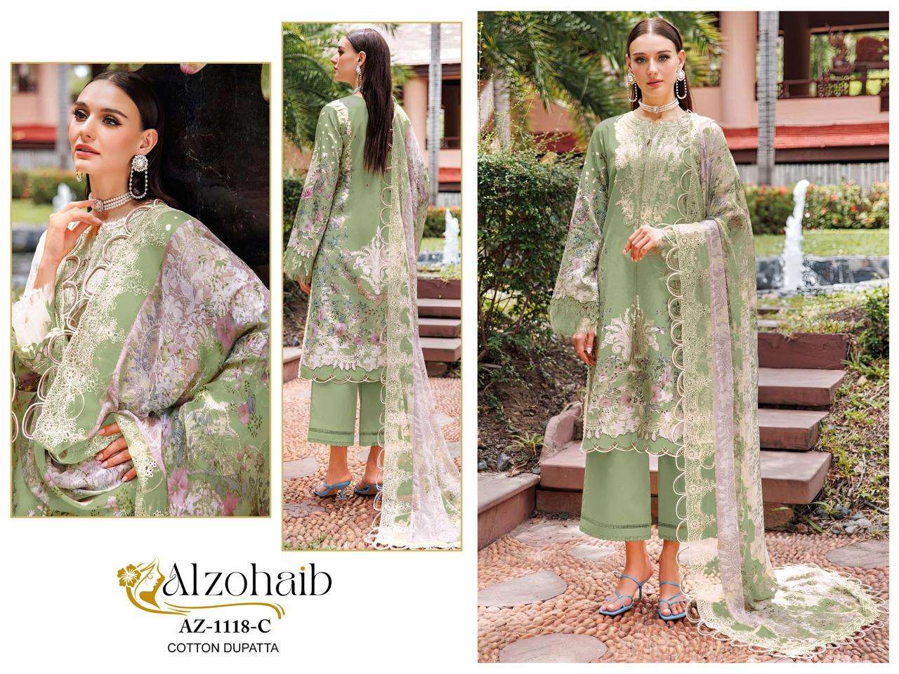 ALZOHAIB DESIGN NO - 1118 PURE COTTON PRINT HEAVY EMBROIDERED PATCH PAKISTANI SALWAR SUIT