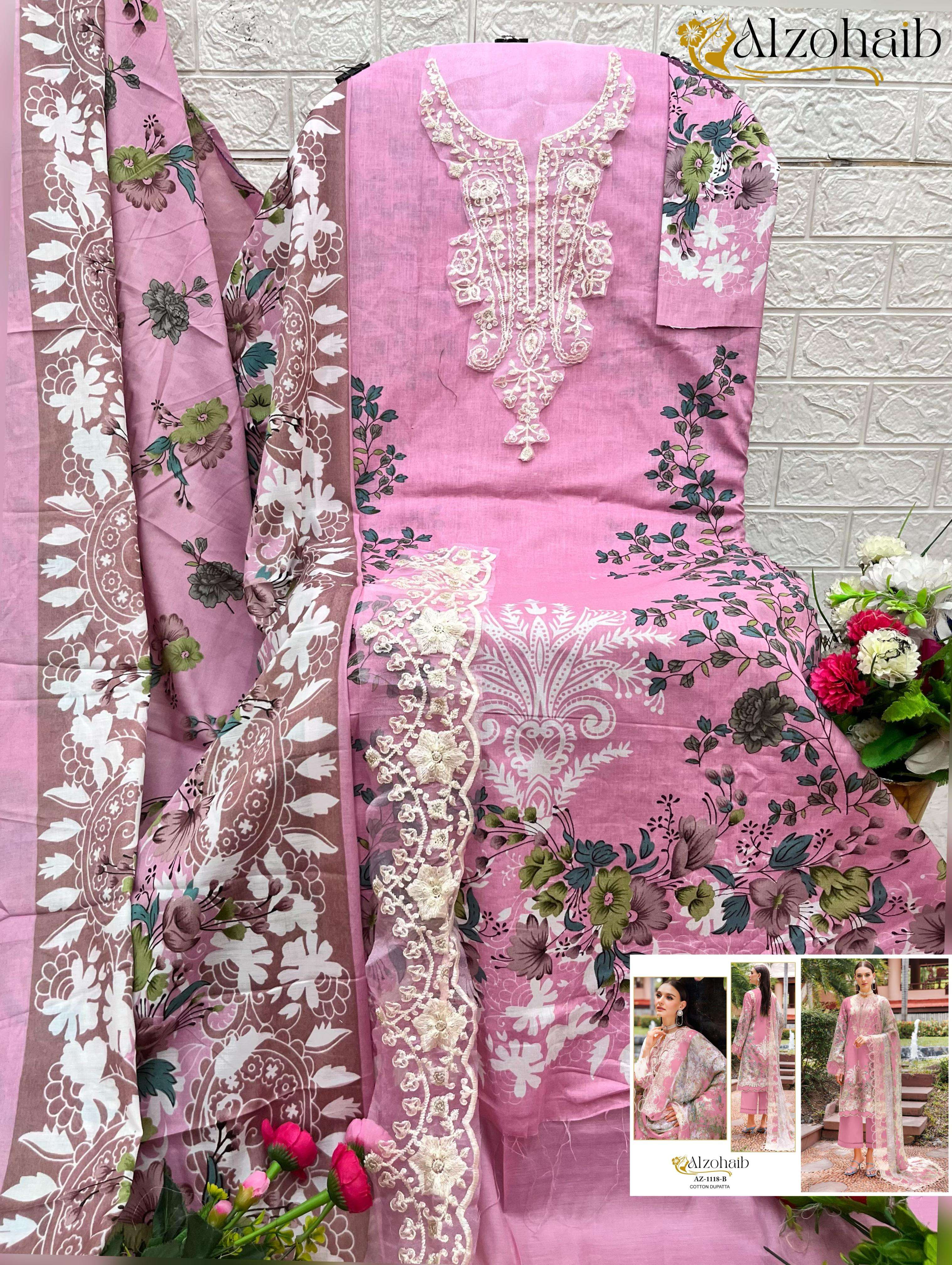 ALZOHAIB DESIGN NO - 1118 PURE COTTON PRINT HEAVY EMBROIDERED PATCH PAKISTANI SALWAR SUIT