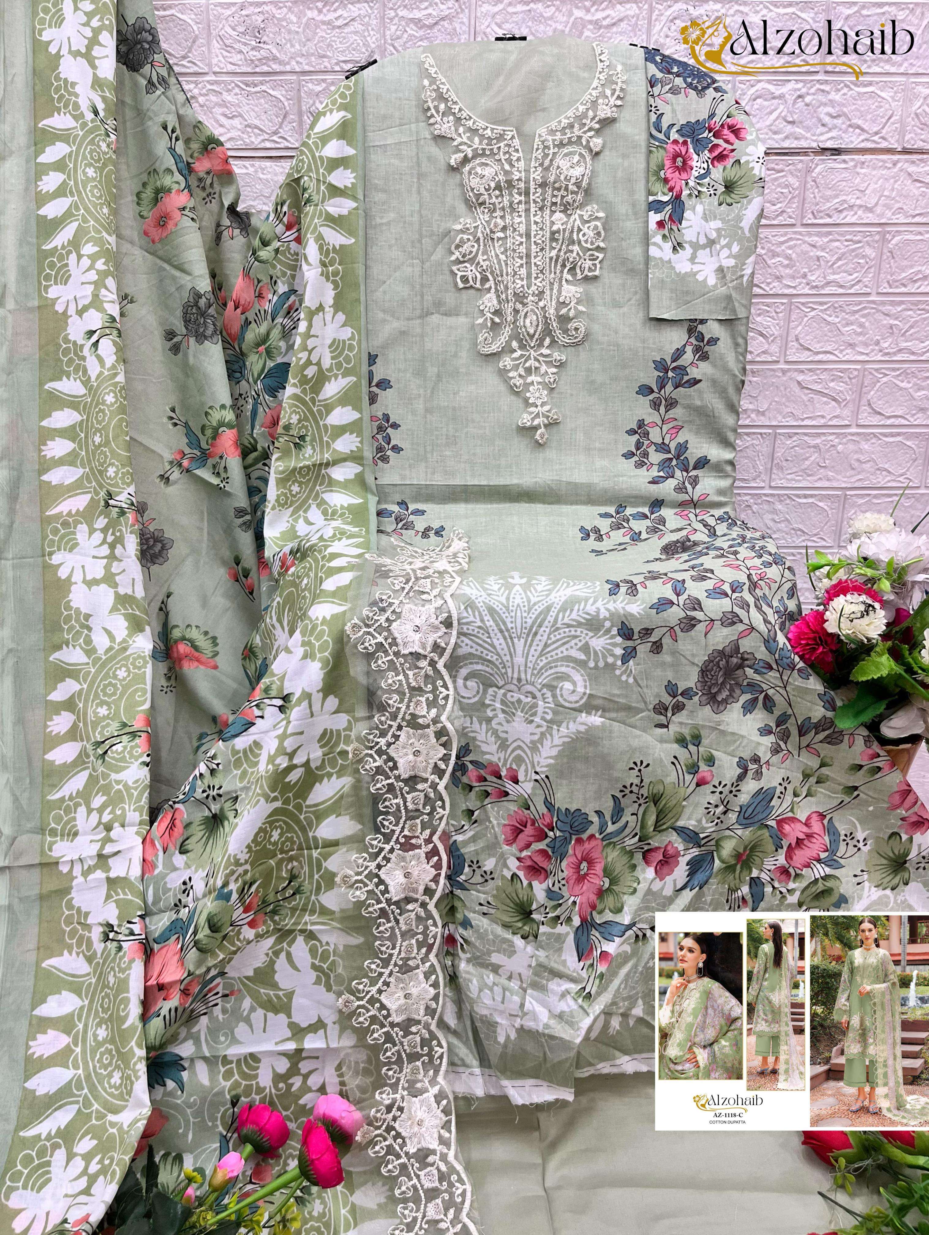 ALZOHAIB DESIGN NO - 1118 PURE COTTON PRINT HEAVY EMBROIDERED PATCH PAKISTANI SALWAR SUIT
